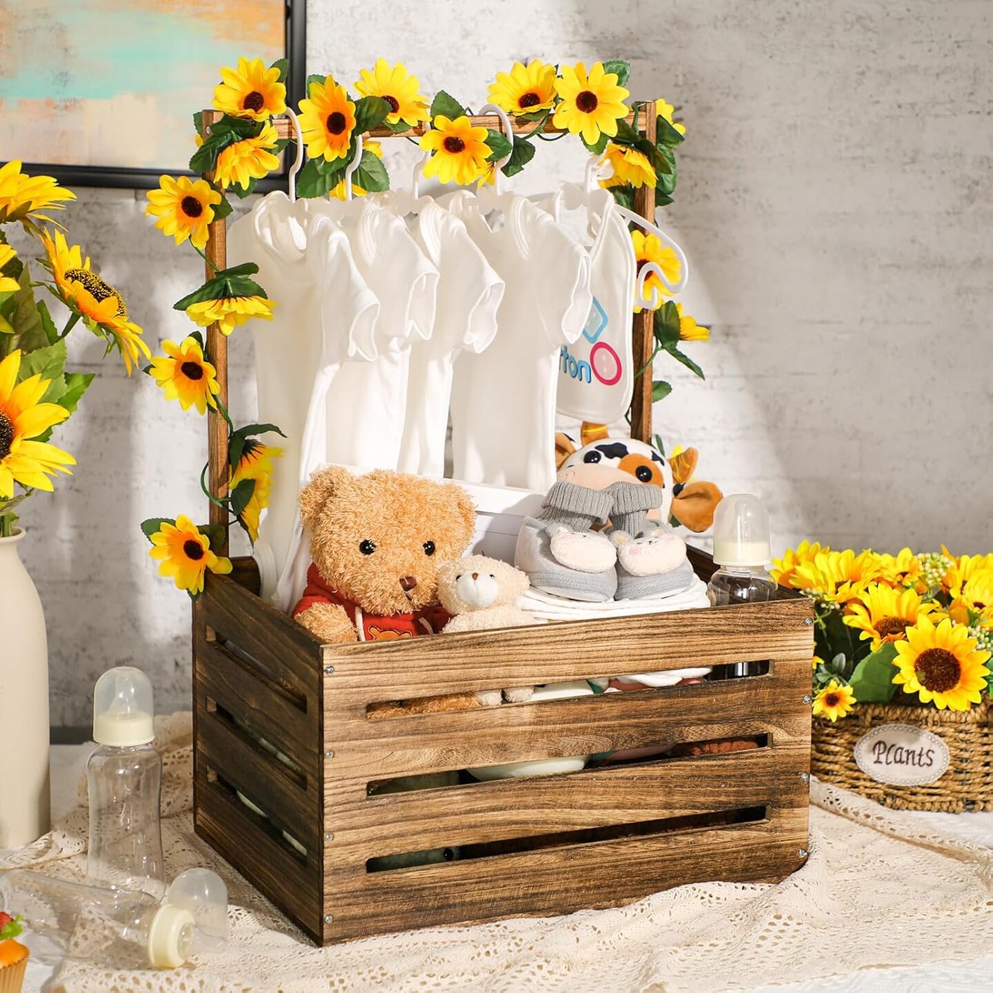 Wooden Baby Shower Crate Closet, Sunflower Theme Baby Basket with Handle and Garland Letter, Baby Storage Crate Hamper, Personailze Baby Shower Wooden Gift Crate for Pregnancy New Parent