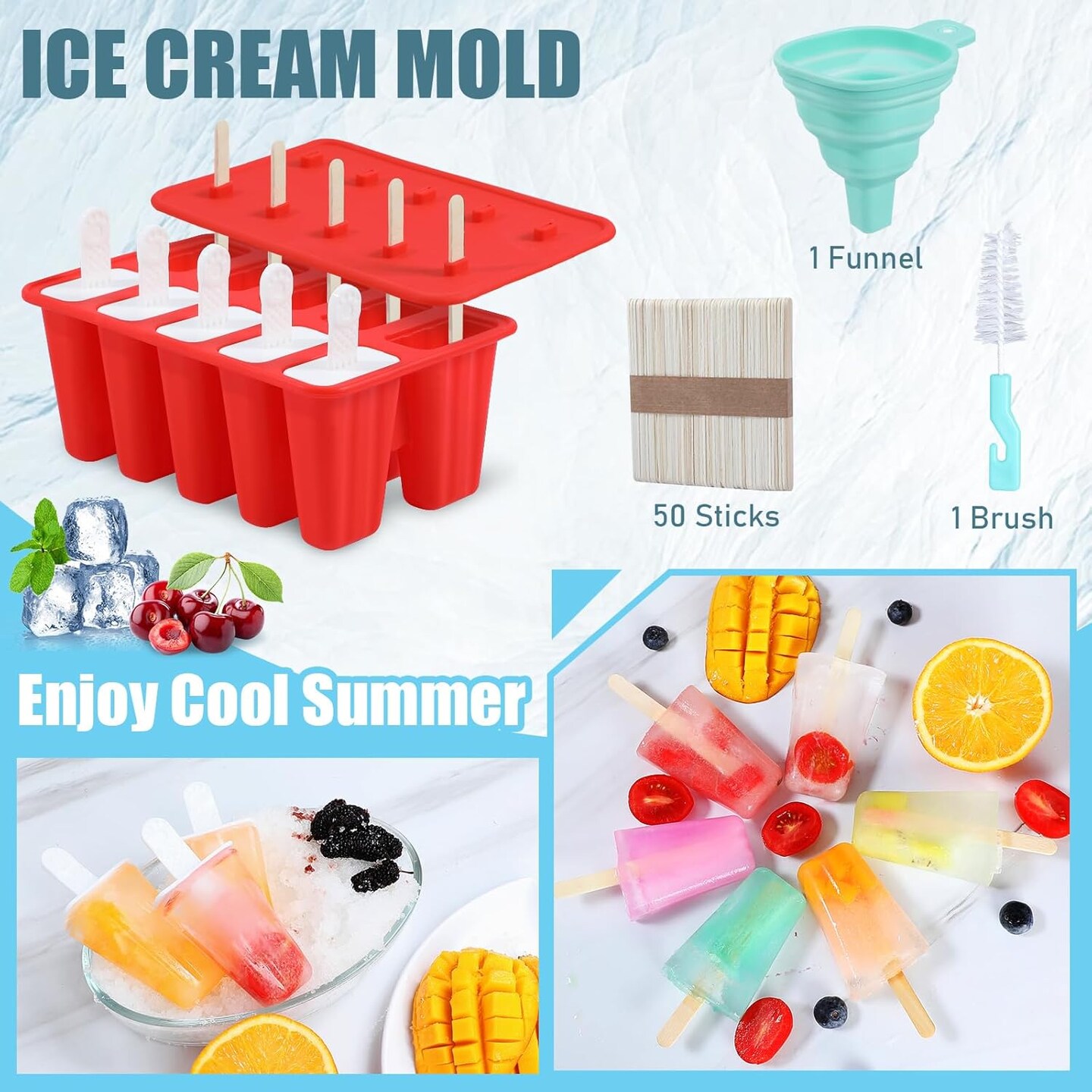 Popsicle Molds,Silicone Ice Pop Molds,BPA Free Popsicle Mold Reusable Easy Release Ice Pop Maker,Homemade Popsicle Mould with Silicone Funnel and Cleaning Brush (Red, 10 Cavities New)