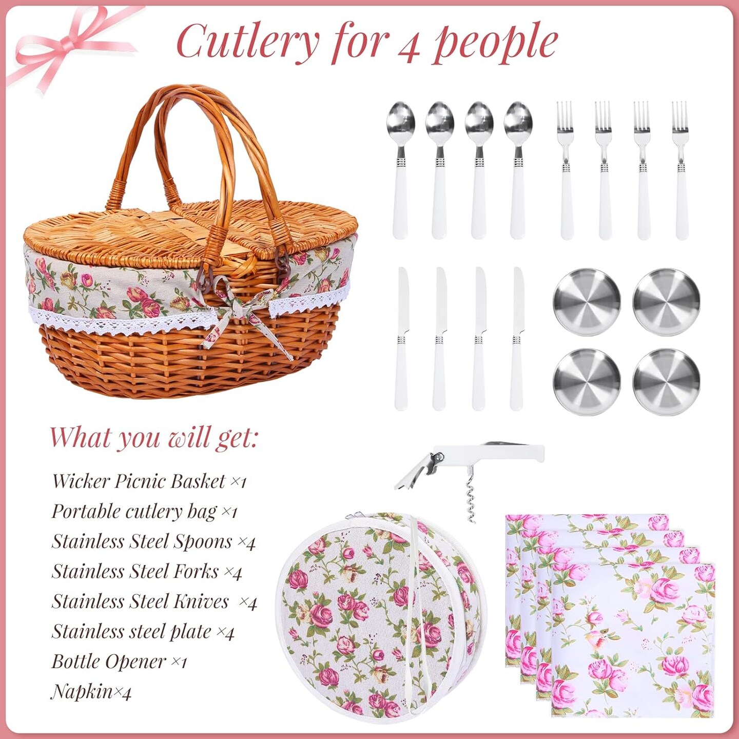 Wicker Picnic Basket Set for 4 with Lid and Handle Picnic Hamper with Washable Lining and Cutlery Set for Outdoor, Camping, Halloween, Christmas, and Birthday