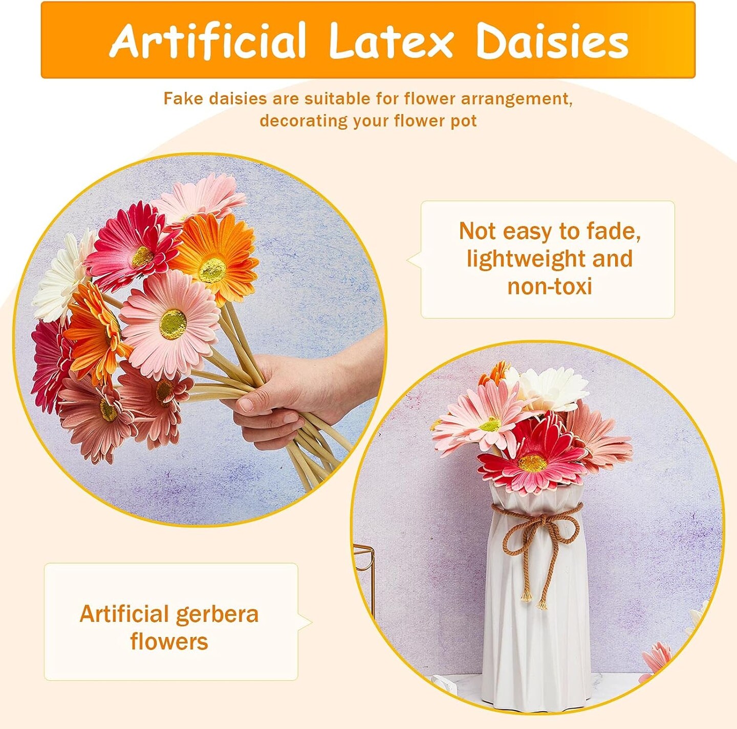 24 Pieces Artificial Gerbera Daisies Flowers Fake Daisy Faux Flowers Bouquet 15 Inch for Wedding Bridal Bouquet Party Home Kitchen Decor (White,Pink,Yellow,Orange,Rose,Coral)