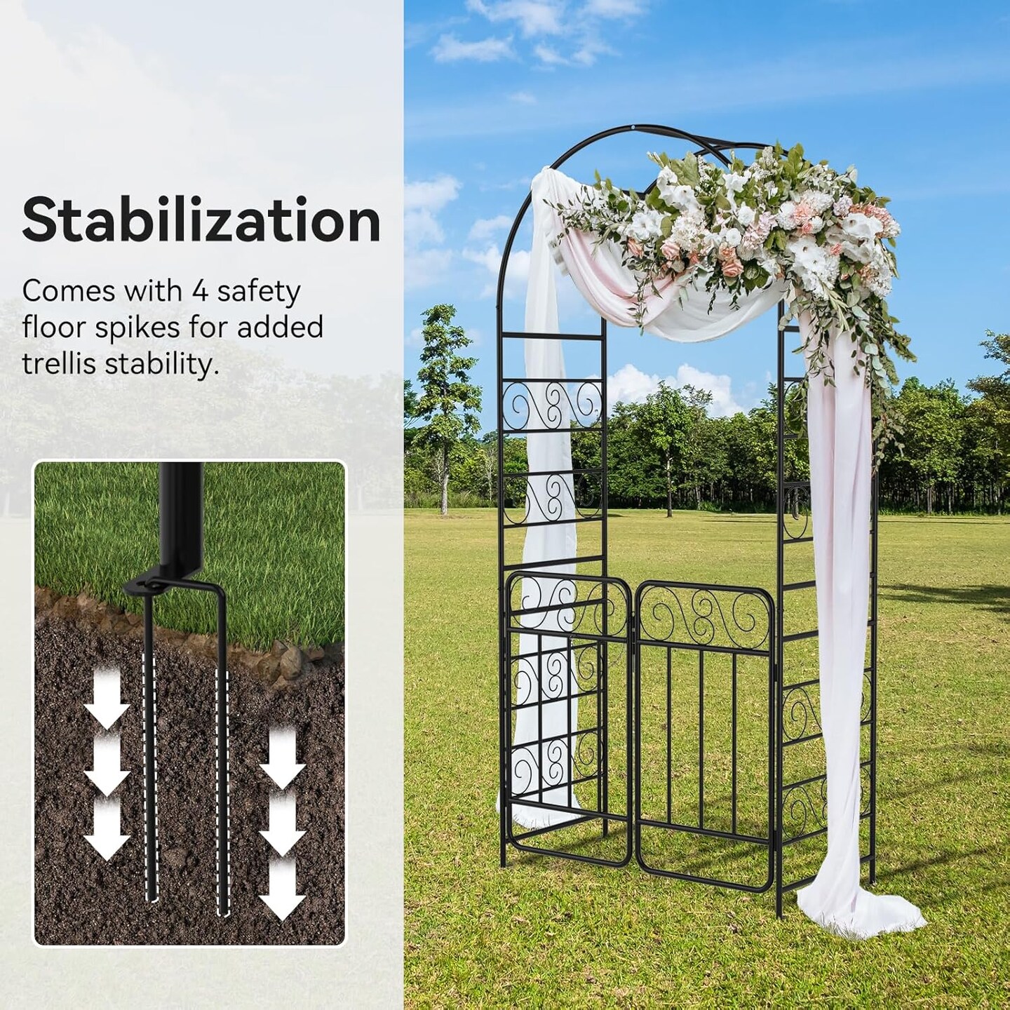 7.2FT Garden Arch Arbor with Gate, Heavy Duty Metal Outdoor Arbour Archway for Climbing Plants, Rust-Resistant Steel Wedding Arch for Patio, Ivy Roses Vines, Lawn Yard Landscape Decoration