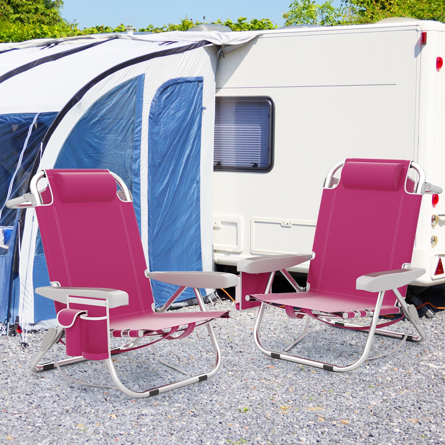 Aluminum Reclining Beach Chairs with Storage Set of 2