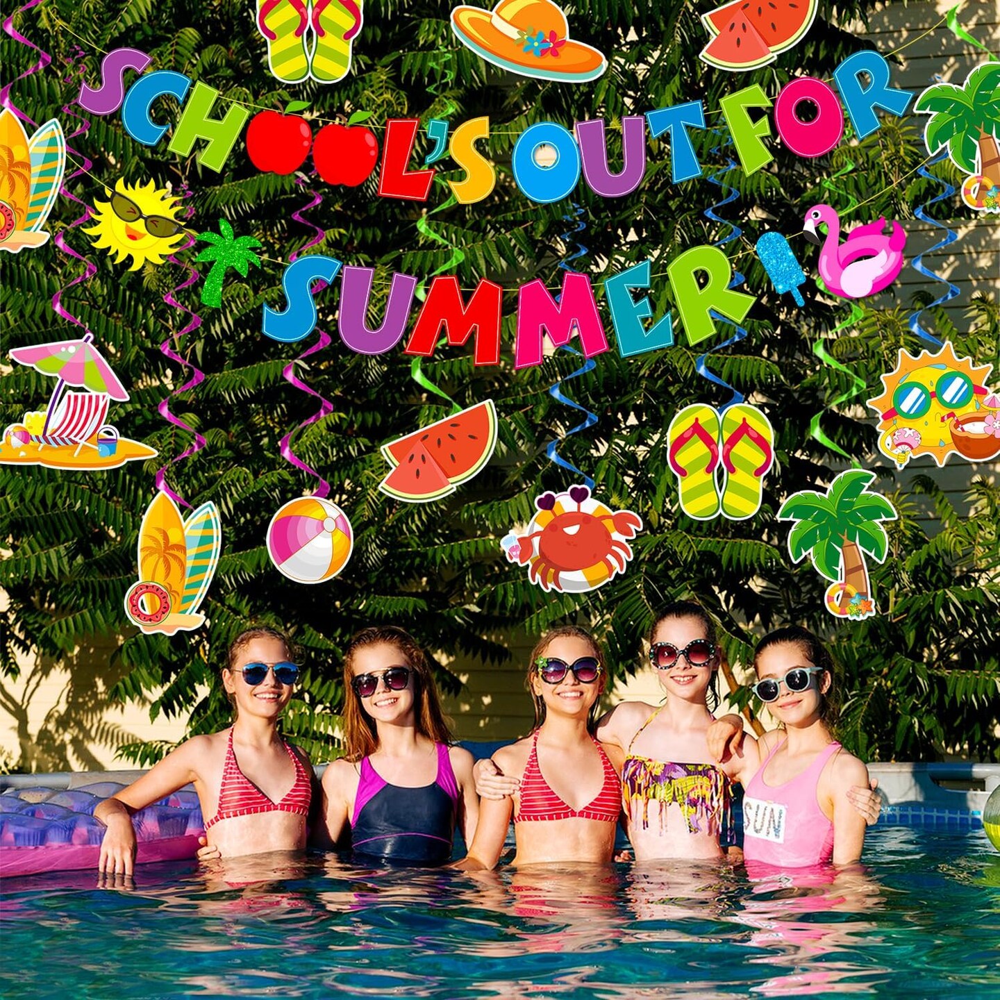 School&#x27;s Out for Summer Banner Summer Party Decorations Include Hello Summer Banner and Hanging Swirls Last Day of School Decorations Pool Party Decorations