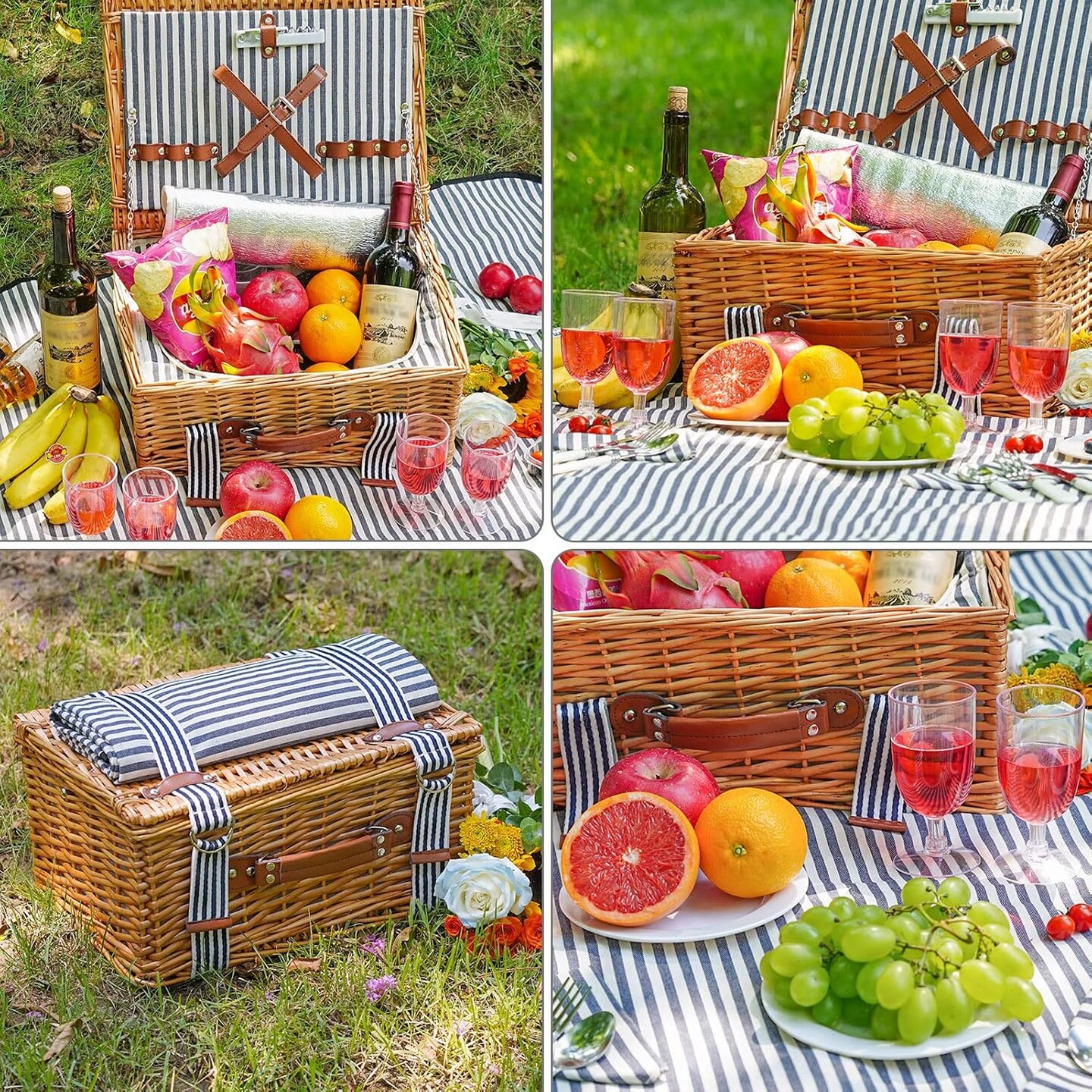 Wicker Picnic Basket Set for 4 Persons with Blanket,Handmade Willow Picnic Basket with Insulated Cooler &#x26; Cutlery Kit, Gift Basket