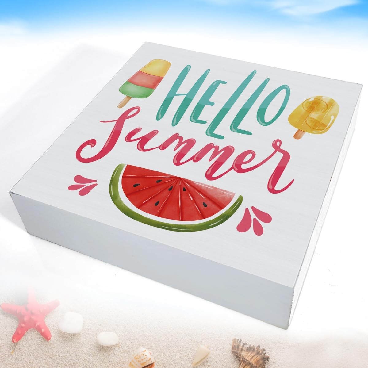 Hello Summer Decor Watermelon Decorations Ice Cream Wooden Sign Rustic Home Decor 5 x 5 Inches
