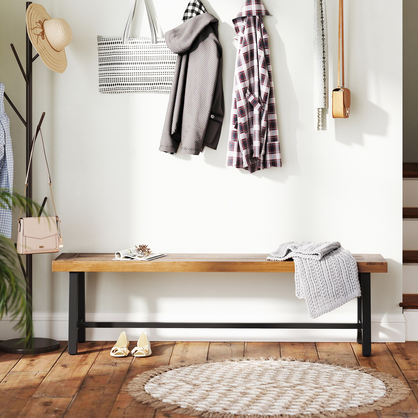 63 Inch Acacia Patio Wood Outdoor Backless Bench with Metal Frame Ideal for Patio Seating