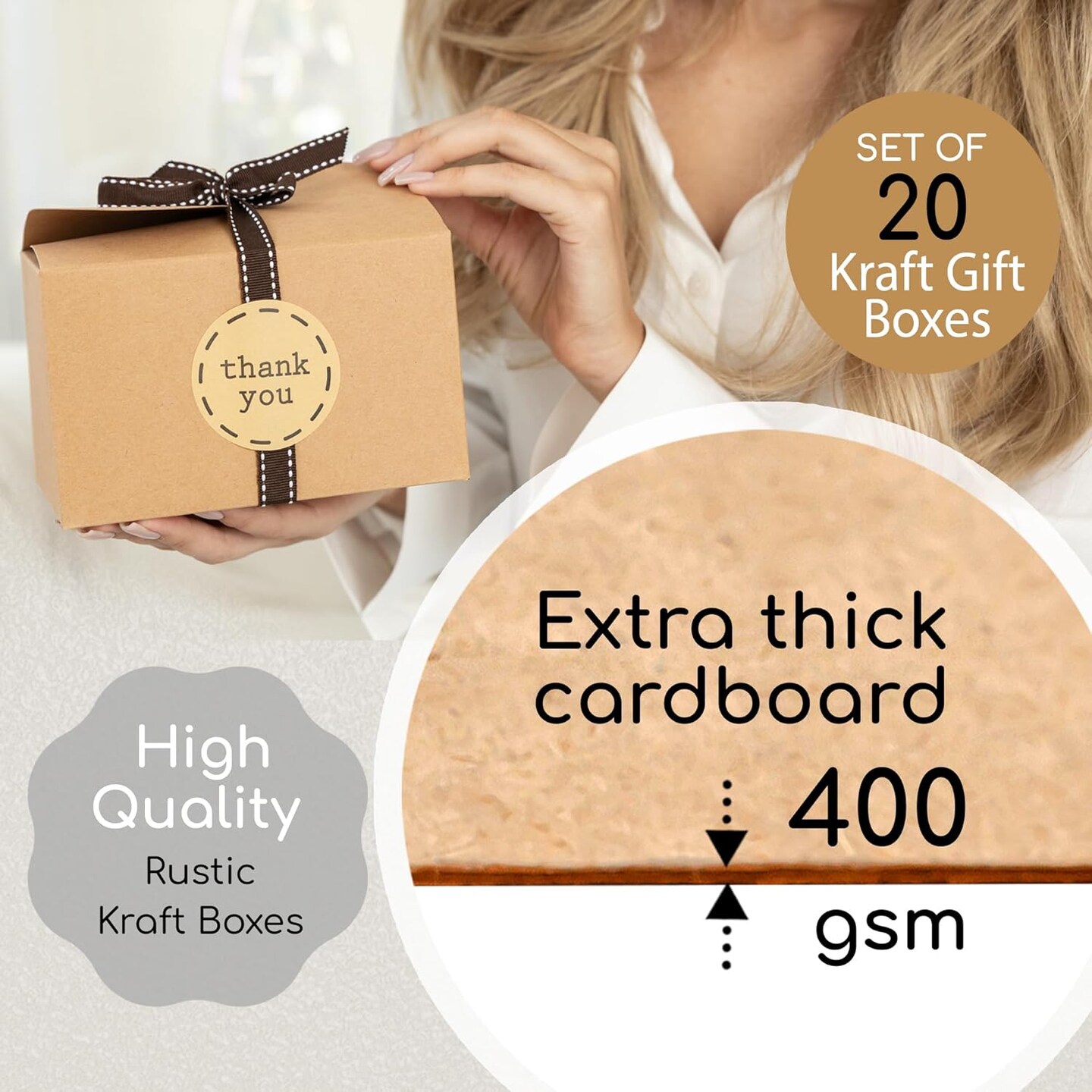 Brown Kraft Cookie Boxes with Ribbons &#x26; Stickers (20 Pack) 6.5&#x201D; x 4&#x201D; Small Cardboard Gift Boxes for Gift Giving, Baked Goods, Candy, Christmas, Decorative Food Packaging, Bakery Treats, Empty, Bulk
