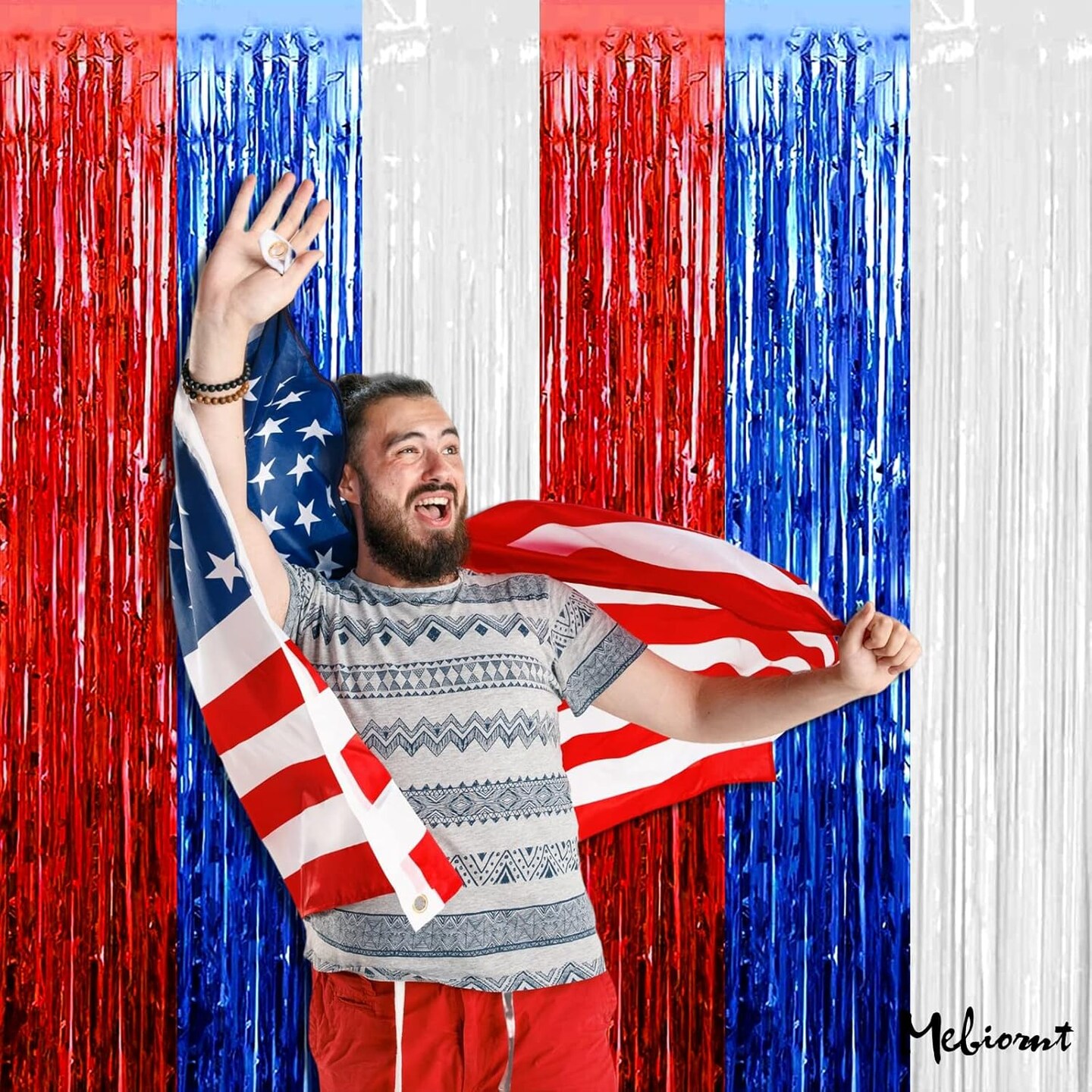 4 Pack 3.2Ft x 8.2Ft Independence Day Fringe Curtain Backdrop, Red Blue White Metallic Tinsel Foil Fringe Streamers Curtains Background for Photo Booth Birthday Wedding Carnival Party Decorations