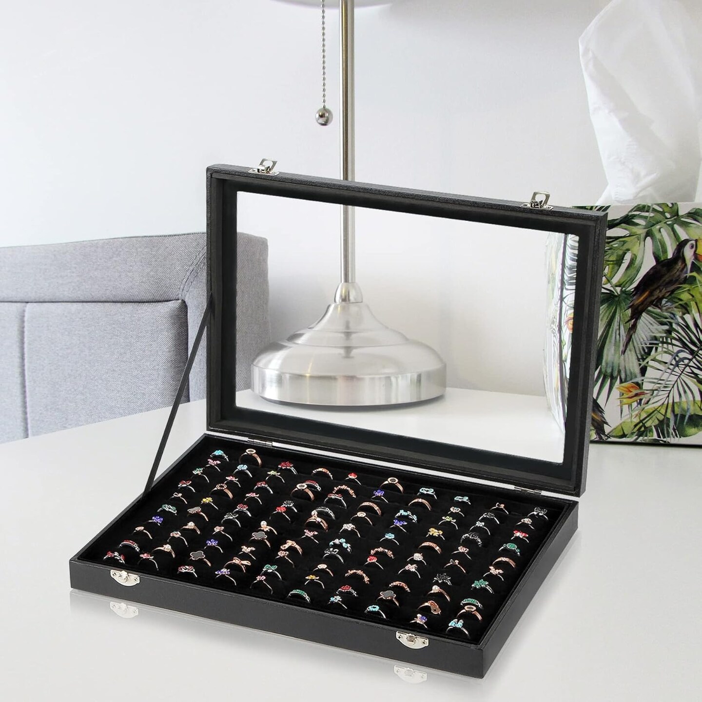 Ring Display Case Organizer Box with Transparent Lid – 100-Slot Ring Holder Showcase for Jewelry Rings, Studs, and Earrings – Black Velvet Organizer for Home and Store Display (Black)
