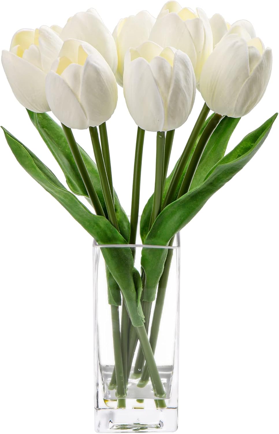 Artificial Tulip Flower White in Clear Vase, Real Touch Foam Tulip Arrangement Suitable for Home Office Decoration, Dining Table Centerpiece