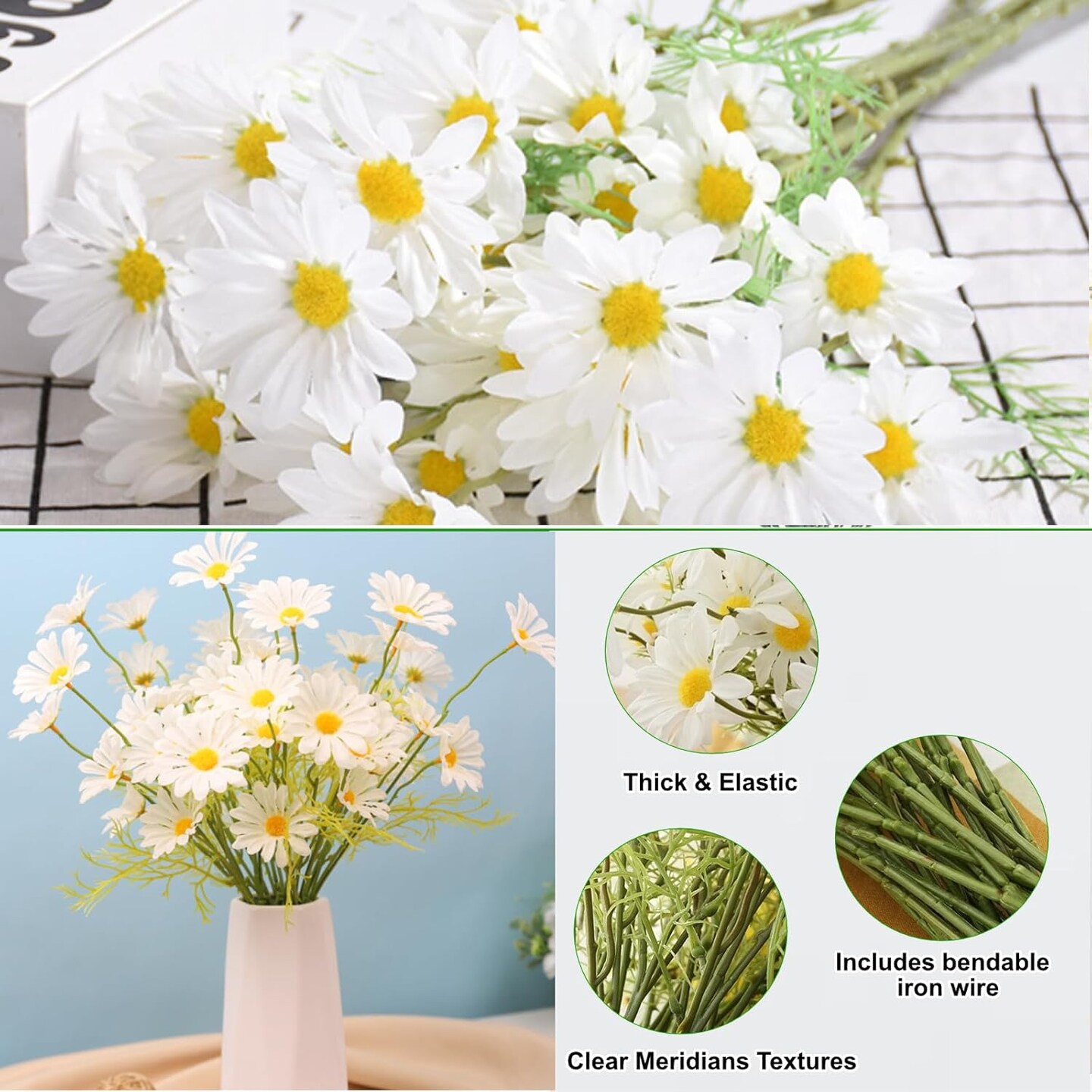 Artificial Flowers 8 Bundles 20” White Artificial Daisy Flowers UV Resistant Outdoor Fake Wildflowers with Stems Faux Greenery Shrubs Plants Arrangements for Home Garden Vase Decor