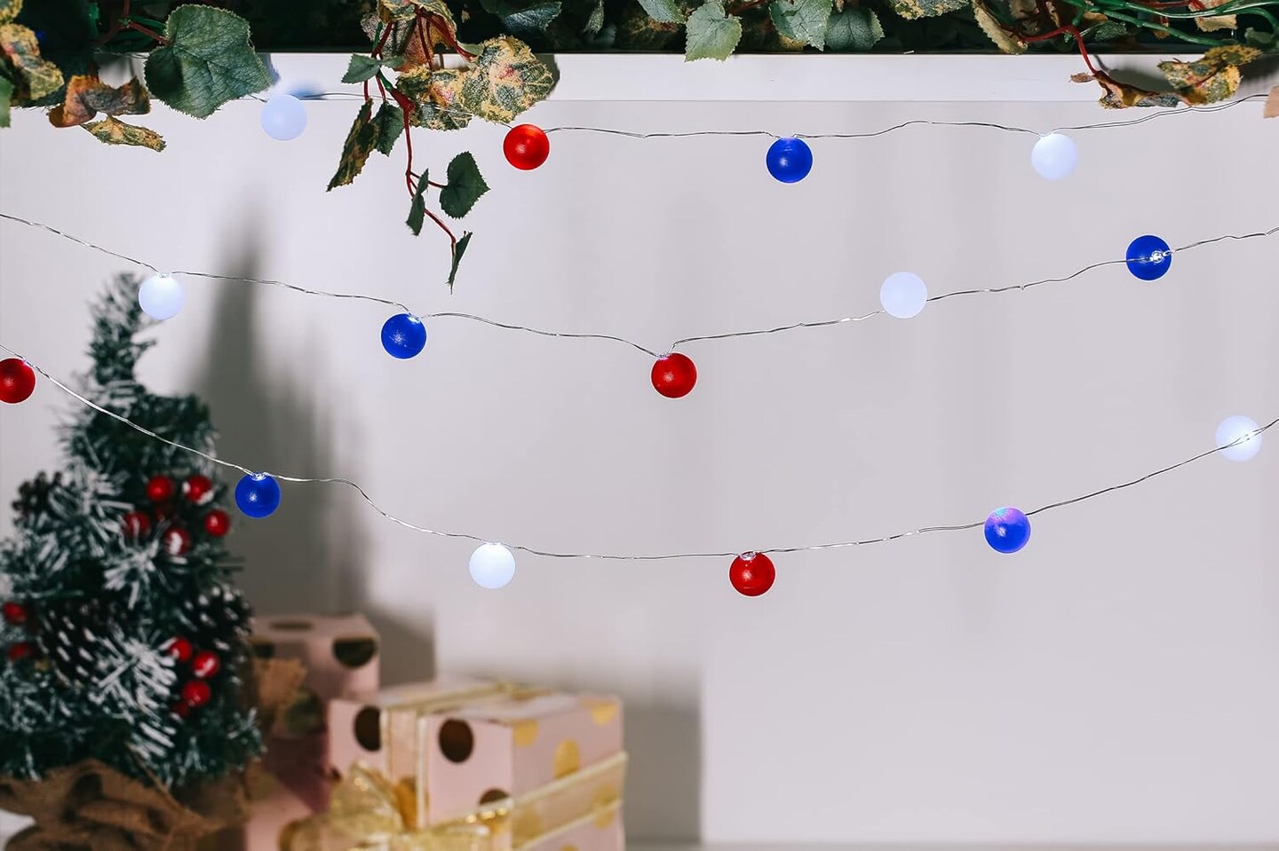 Memorial Light 4th of July Decorations 10 FT 40 LED Ball Lights with Remote Red White and Blue Lights Ideal Indoor and Outdoor Patriotic Decorations