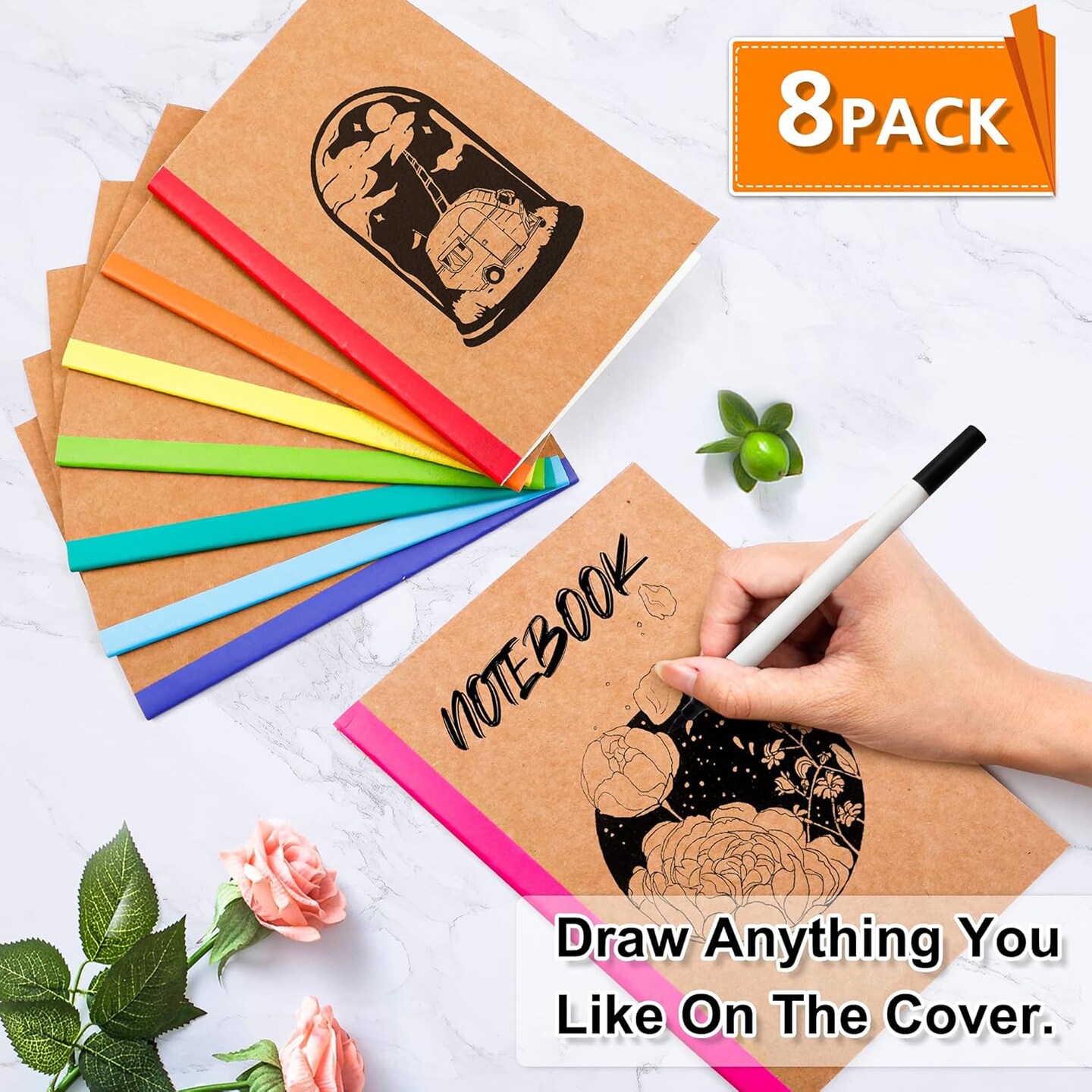 8 Pack Composition Notebooks Bulk, Kraft Cover Lined Blank College Ruled Composition Travel Journals with Rainbow Spines For Women Students Business