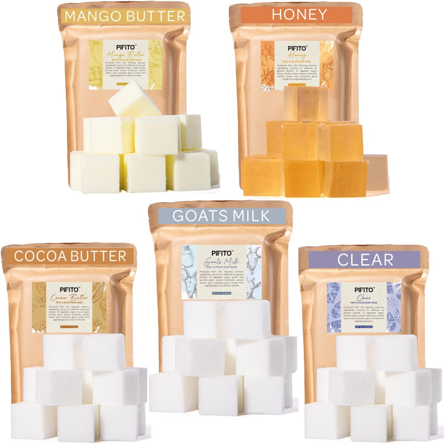 Pifito Pre-Cut Melt and Pour Soap Base Sampler (5 lbs) &#x2502; Cut-Up Pieces of Soap Base (1lb ea) &#x2502; Goats Milk, Honey, Clear, Cocoa Butter, Mango Butter &#x2502; Glycerin Soap Making Supplies Kit