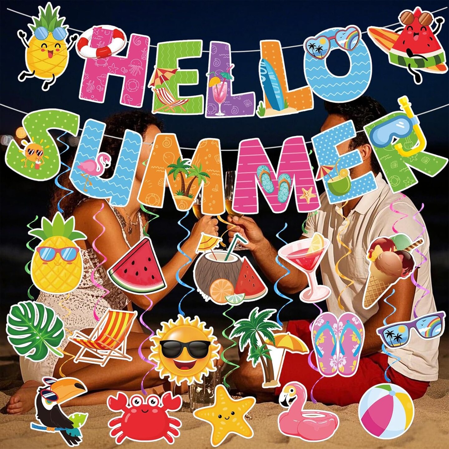 Summer Beach Party Decorations - Pre-Strung Hello Summer Banner and 16 Hanging Swirls Pool Party Decorations for Home Office Classroom