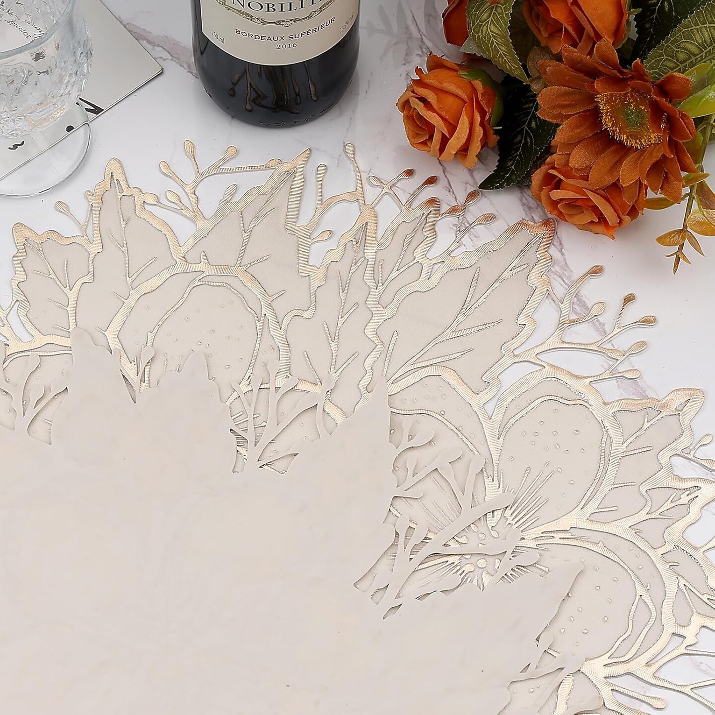 Placemats Set of 6, Gold White Place Mats Pressed Plum Flowers Vinyl Round Table Mats Washable