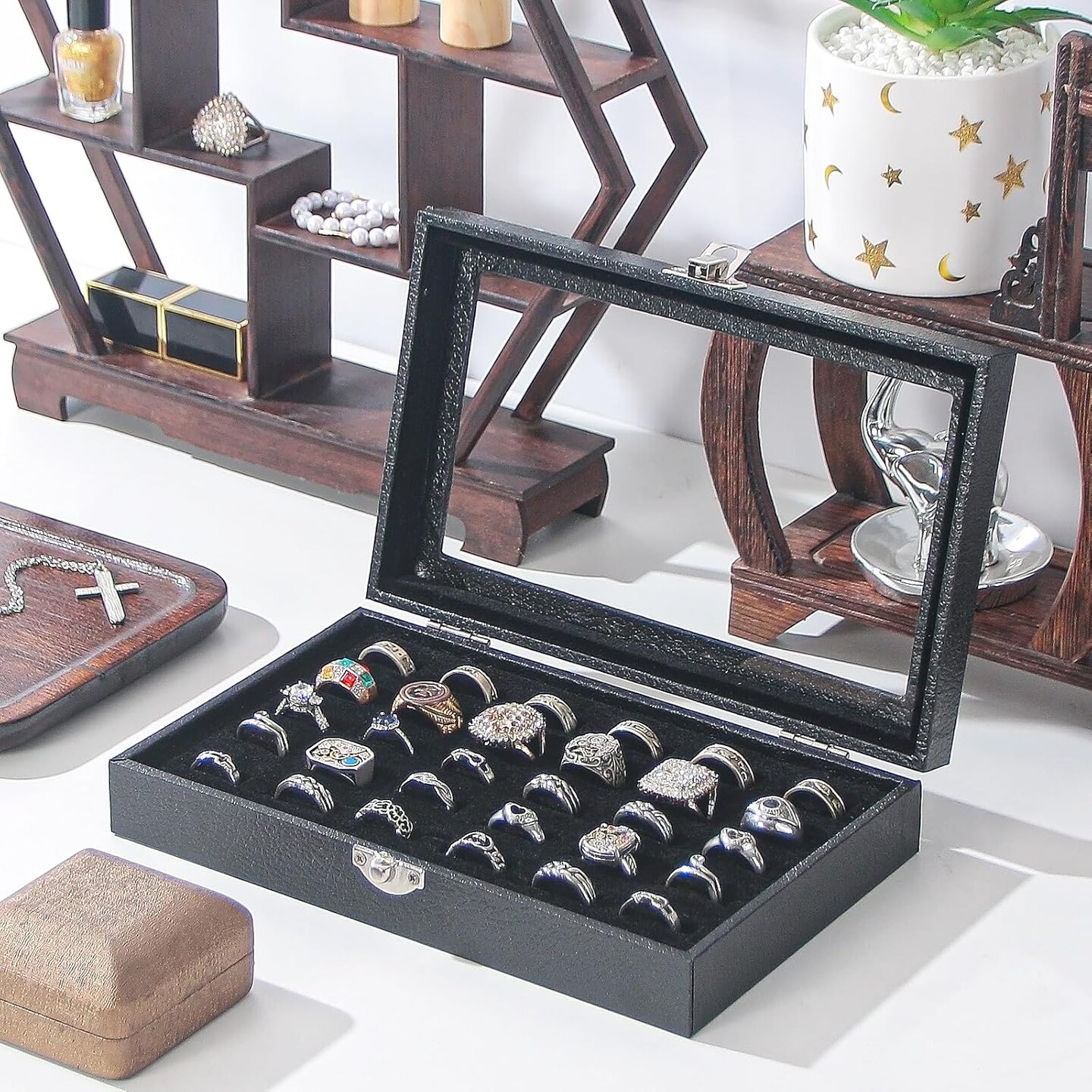 Rings Organizer Tray, Velvet Jewelry Ring Storage Box with Transparent lid Jewelry Ring Box,Jewelry Display Case