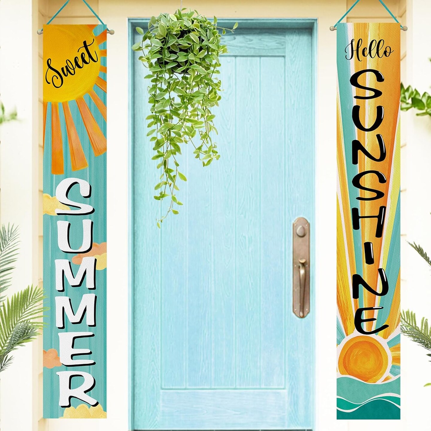 Sweet Summer Boho Sun Porch Banner Sign, Hello Sunshine Sunrise Cloud Bohemian Front Door Decorative Hanging Banner Flag, Yellow Teal Seasonal Decoration Home Outdoor Decor