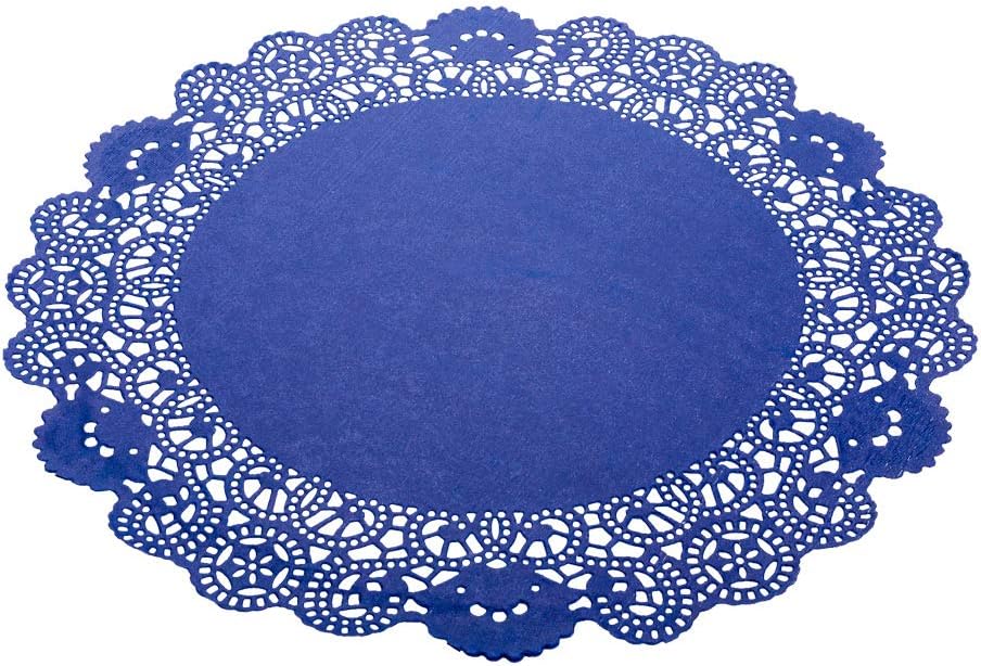 Pastry Tek 12 x 12 Inch Lace Doilies 100 Decorative Tableware Placemats - Disposable Round Navy Blue Paper Table Doilies For Birthdays Or Weddings Table Decor