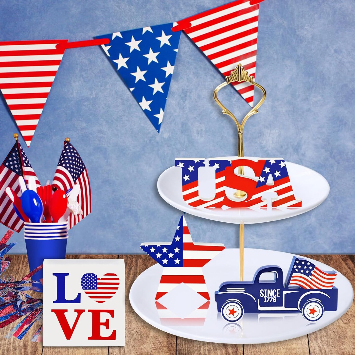 4th of July Decor Patriotic Decorations 4Pcs Wooden Star USA LOVE Car Sign Fourth of July Tabletop Decorations Memorial Day Red White and Blue Decor