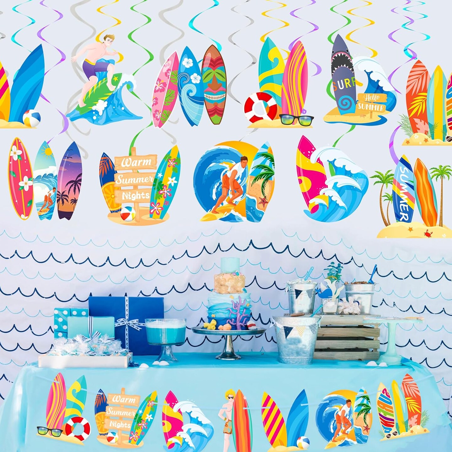 20Pcs Surfboard Theme Party Hanging Decorations Summer Surfing Party Hanging Swirls Surfing Birthday Party Spiral Ornaments for Summer Hawaii Beach Baby Shower Surfing Party Supplies