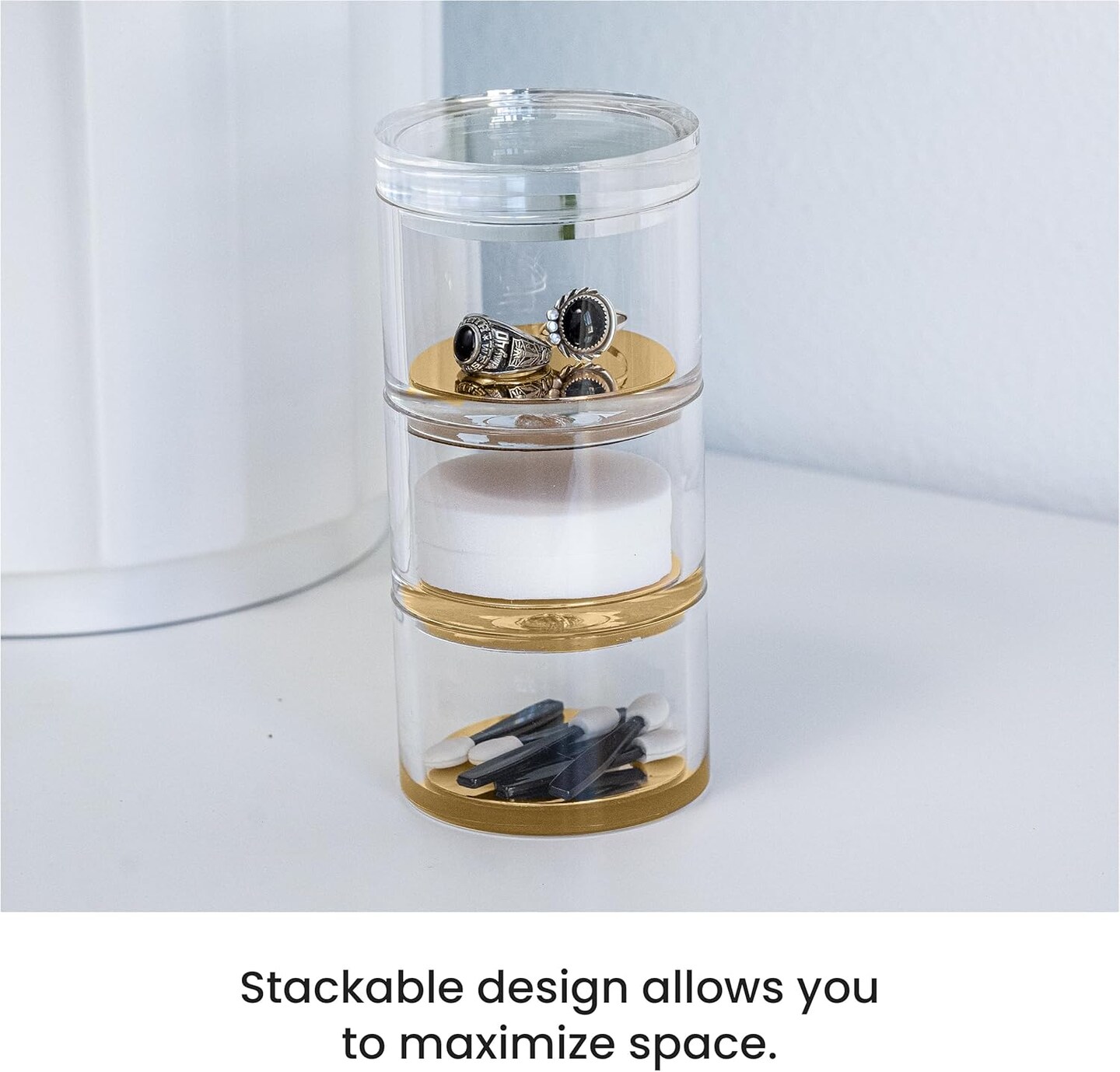 3-Tier Stackable Acrylic Holder- Stylish Desk Organizer and Storage for Office or Home &#x2013; Transparent Round Design with Gold Metal Base