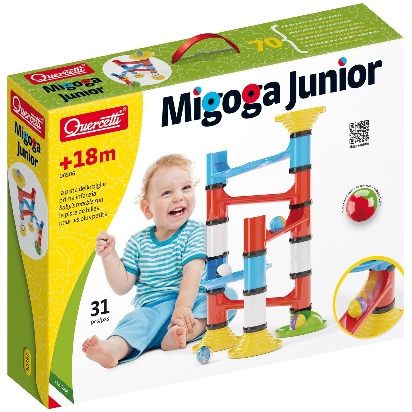 Quercetti: Migoga Junior - Marble Run &#x2013; 31pc Stacking &#x26; Track Building Toy, Large Colorful Pieces &#x26; Rattle Balls, Interactive Play, Toddler-Kids 18mo+