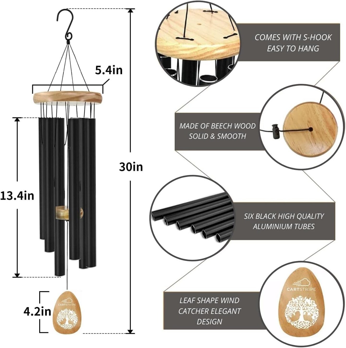 Large Aluminium Wind Chimes 30&#x22; Inches to Create a Zen Atmosphere Suitable for Outdoor, Garden, Patio Decoration. Classic Black Wind Chimes with Wind Catcher Suitable as A Gift for Unisex