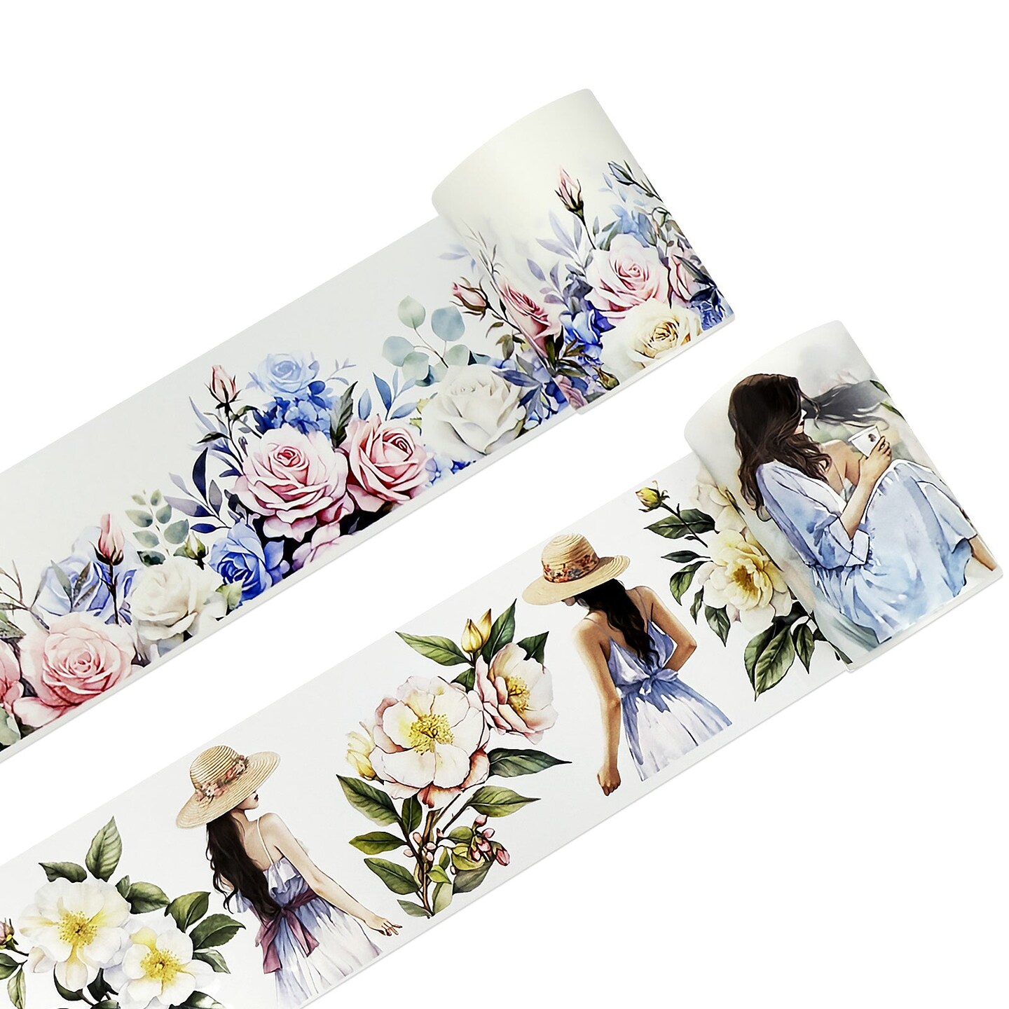 Wrapables Aesthetic Floral Fashion PET Washi Tapes for Scrapbooking, Stationery, Journaling, Diary, Card Making (Set of 2), Green and Pink