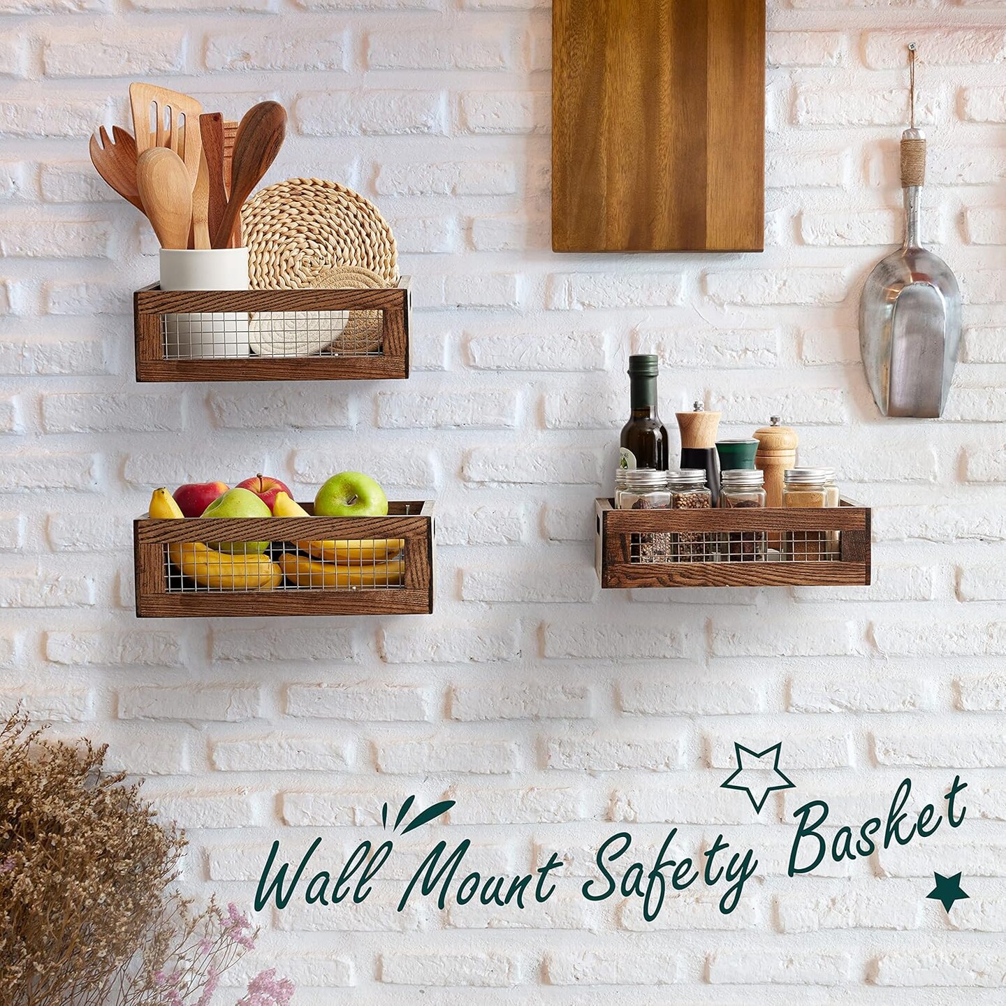 Wooden Nesting Countertop Baskets Set of 3 for Kitchen, Bathroom, Pantry|Wall Mount Upgrade with Full Accessories
