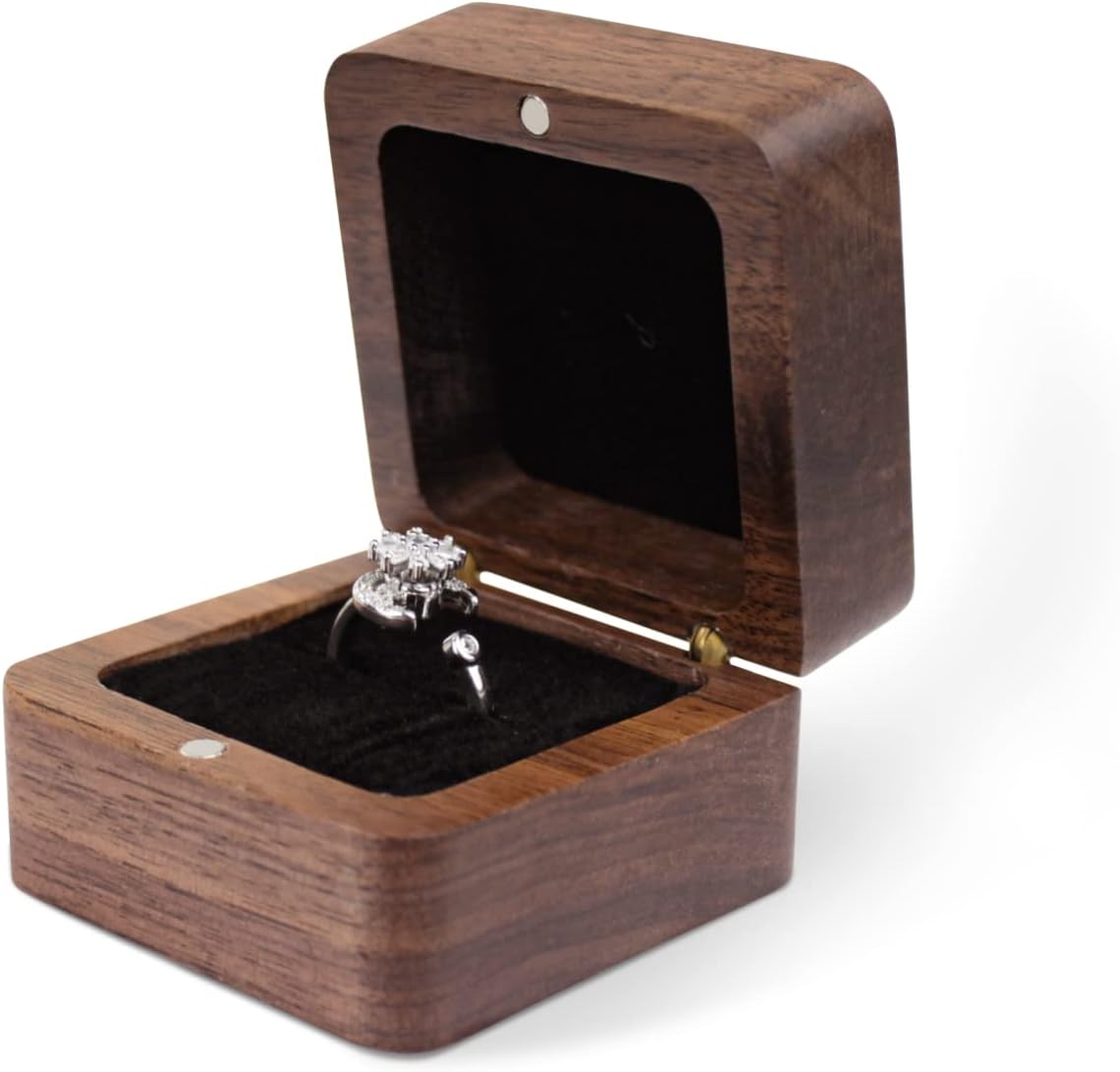 Personalized Wooden Ring Box, Mini Engagement Ring Holder Box with Single Slot, Square Wedding Ring Box for Ring