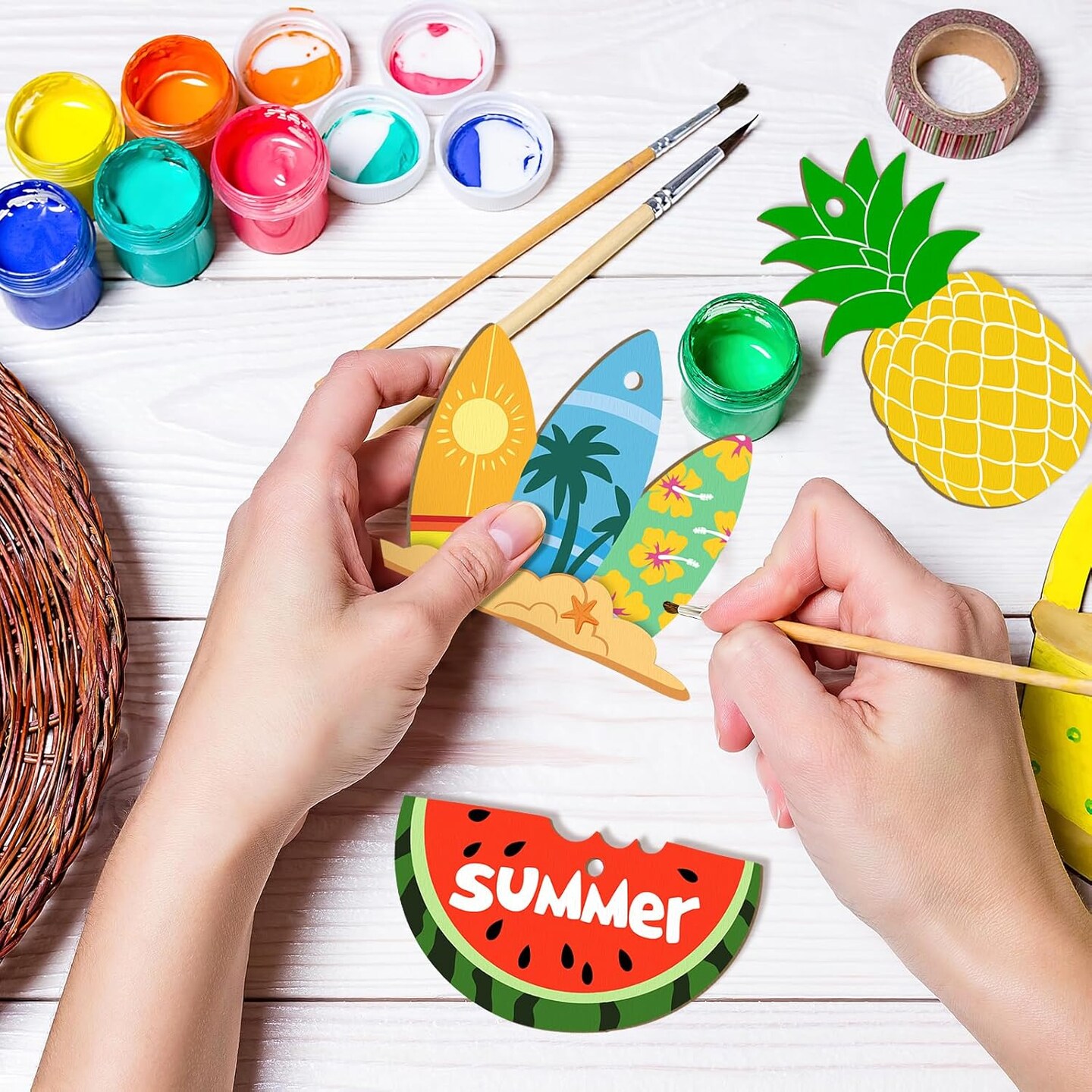 80PCS Wooden Summer Ornaments to Paint, 10 Styles DIY Blank Unfinished Wood Beach Cutouts Ornament for Crafts Hanging Decorations