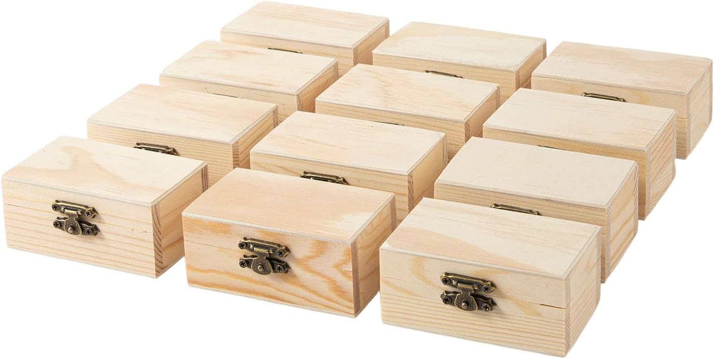 12 Piece (3.5 x 2.1 x 1.8 inches) Small Wooden Box Unfinished Wooden Treasure Box with Lids for DIY Crafts