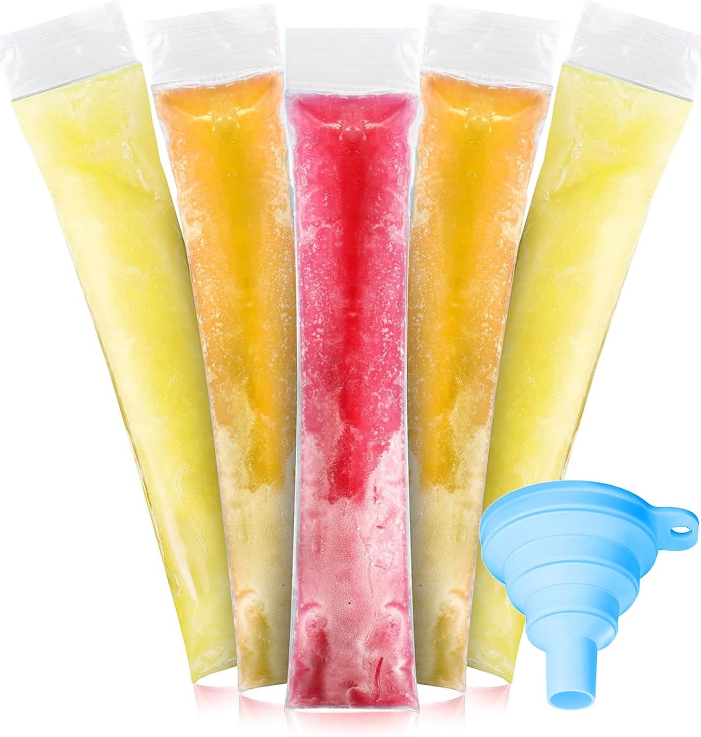 Disposable Popsicle Bags, 100 Pack 11.0"W x 2.2"H BPA-Free Freezer Pop Bags with Zip Seals & Silicone Funnel for DIY Healthy Snack Yogurt Stick Juice & Fruit Smoothies
