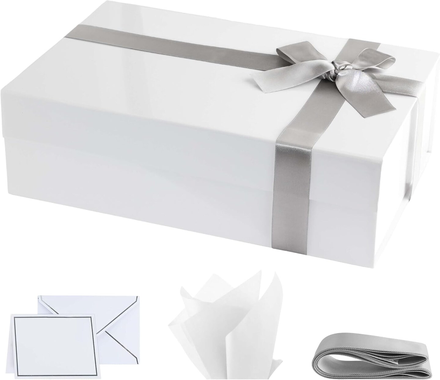 Premium White Gift Box with Magnetic Closure – 14x9x4 Inches, Includes Ribbon & Gift Card, Elegant Presentation Box for Weddings, Birthdays, Anniversaries, and Special Occasions (white)