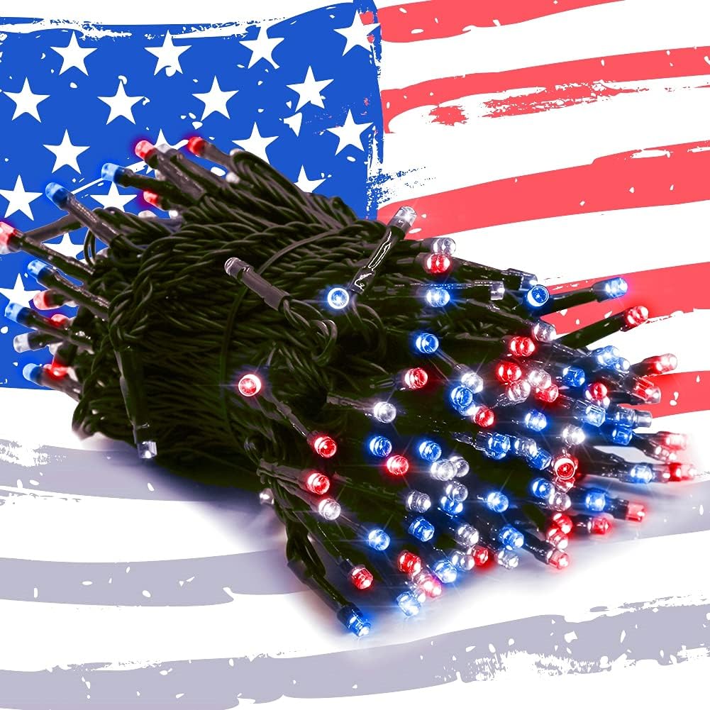 200 LED 66FT Fairy String Lights, July 4th Patriotic Light with 8 Lighting Modes, Mini Lights Plug in for Indoor Outdoor Independence Day Tree Holiday Party Decor, Red & Blue & White