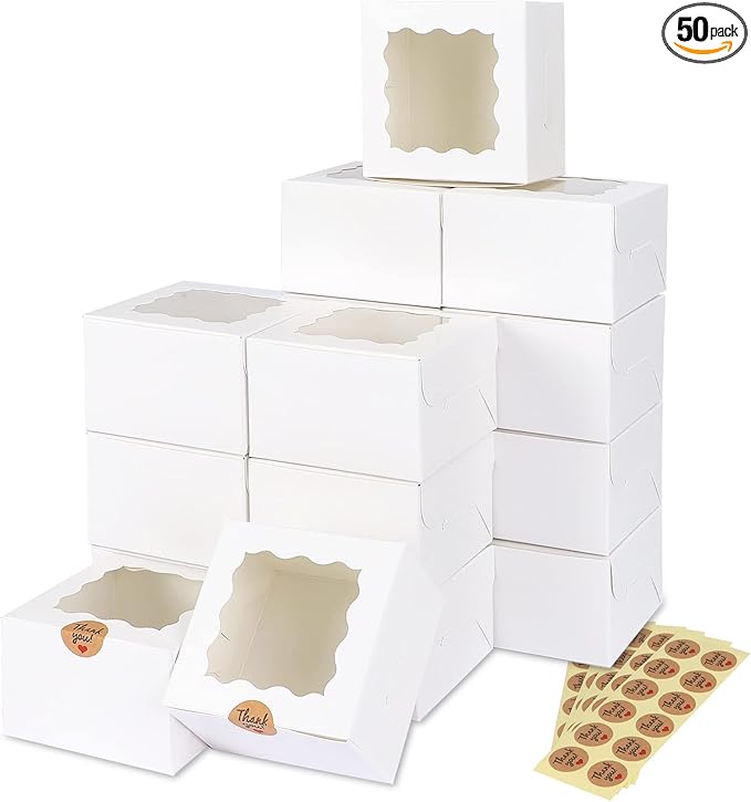 50pcs White Cookie Boxes with Window, 4x4x2.5 Inches Bakery Boxes with 5pcs Stickers for Small Cookies, Treats, Desserts, Chocolate Covered Strawberries, Mini Cake