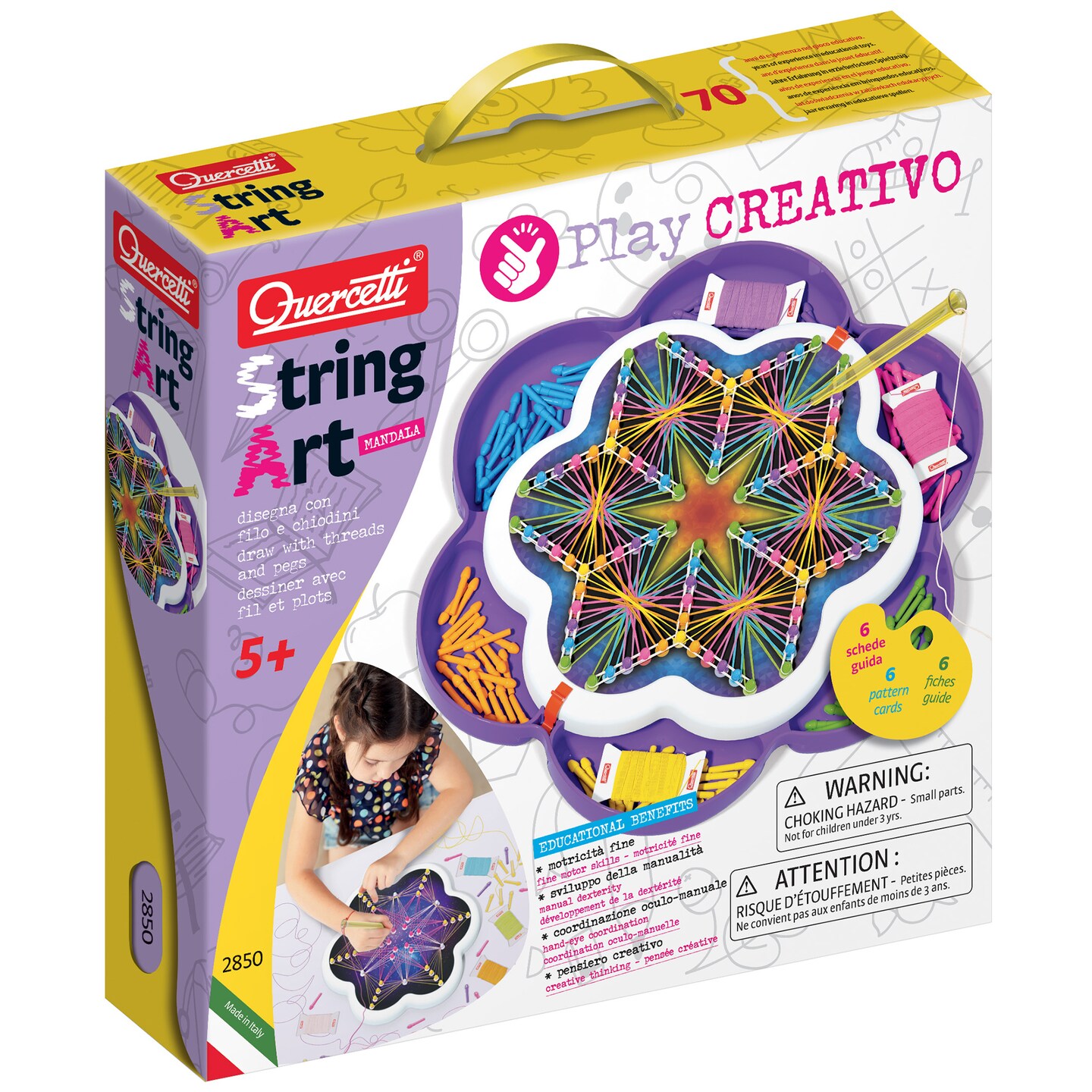 Quercetti: Play Creativo - String Art Mandala - Interactive Craft Set, Draw Designs w/ Threads &#x26; Pegs, Creative Skill Learning Art Activity, Kids 5+