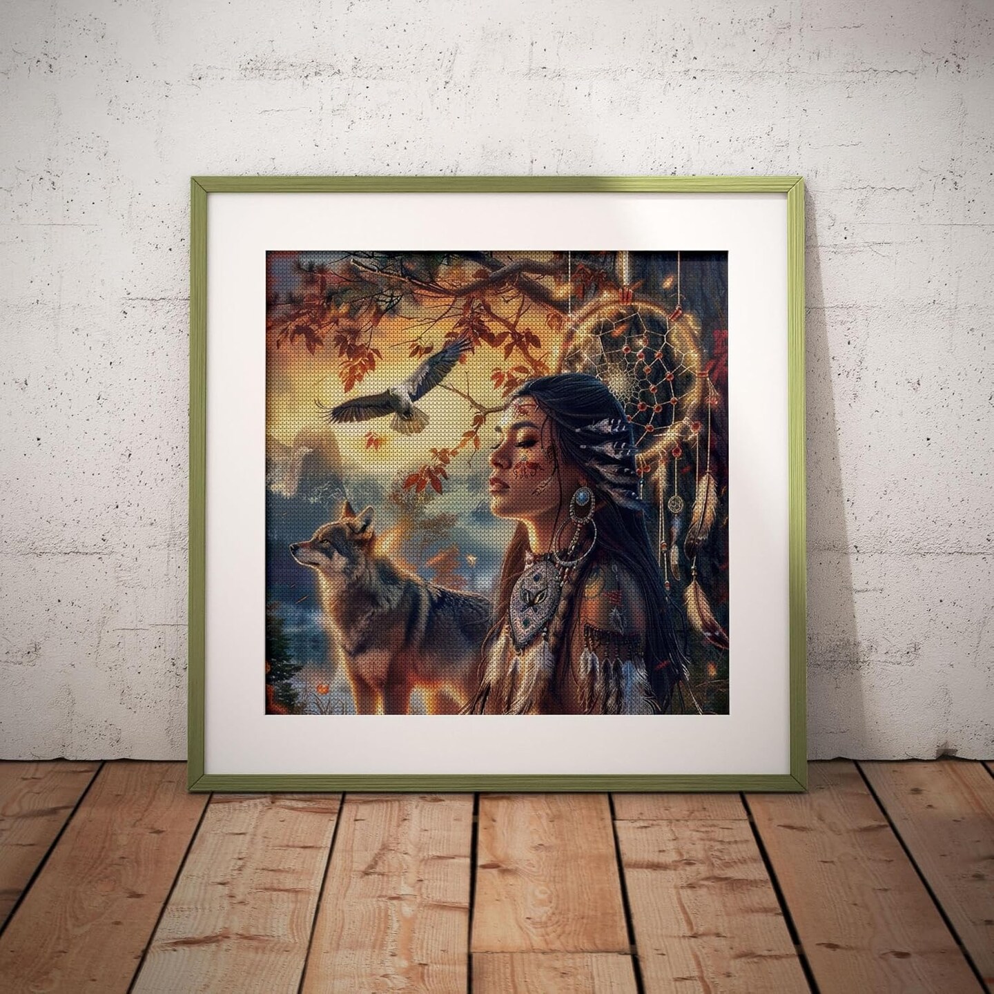 American Native Indian Girl and Wolf DIY 5D Diamond Painting Kits for Adults Round Full Drill Diamond Art Easy for Beginner Gems Cross Stitch Mosaic Craft for Home Decor 14x14inch