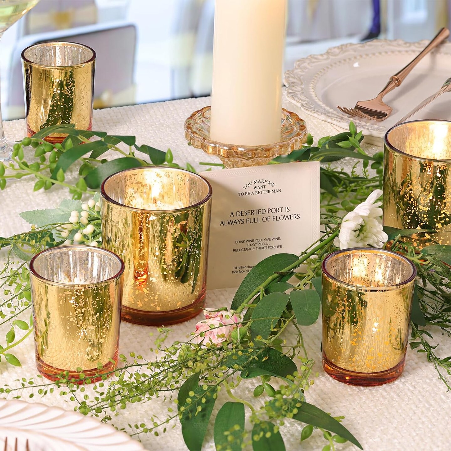 12pcs Gold Mercury Glass Votive Candle Holders &#x2013; Large Speckled Tealight Set for Weddings, Parties, Centerpieces &#x26; Home D&#xE9;cor