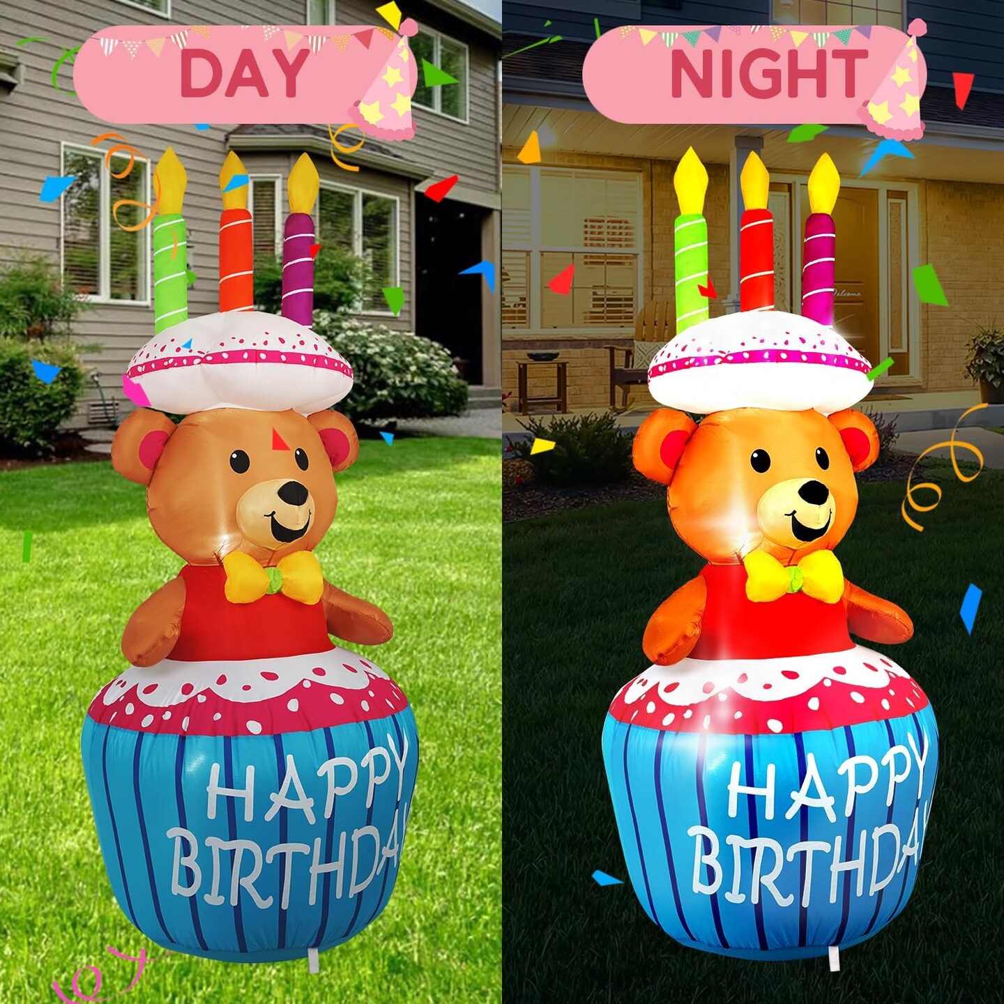 4FT Birthday Cake Birthday Party Outdoor Inflatable Decoration, Outdoor Yard Sign with LED Lights, Birthday Inflatable Decoration for Garden, Yard, Lawn
