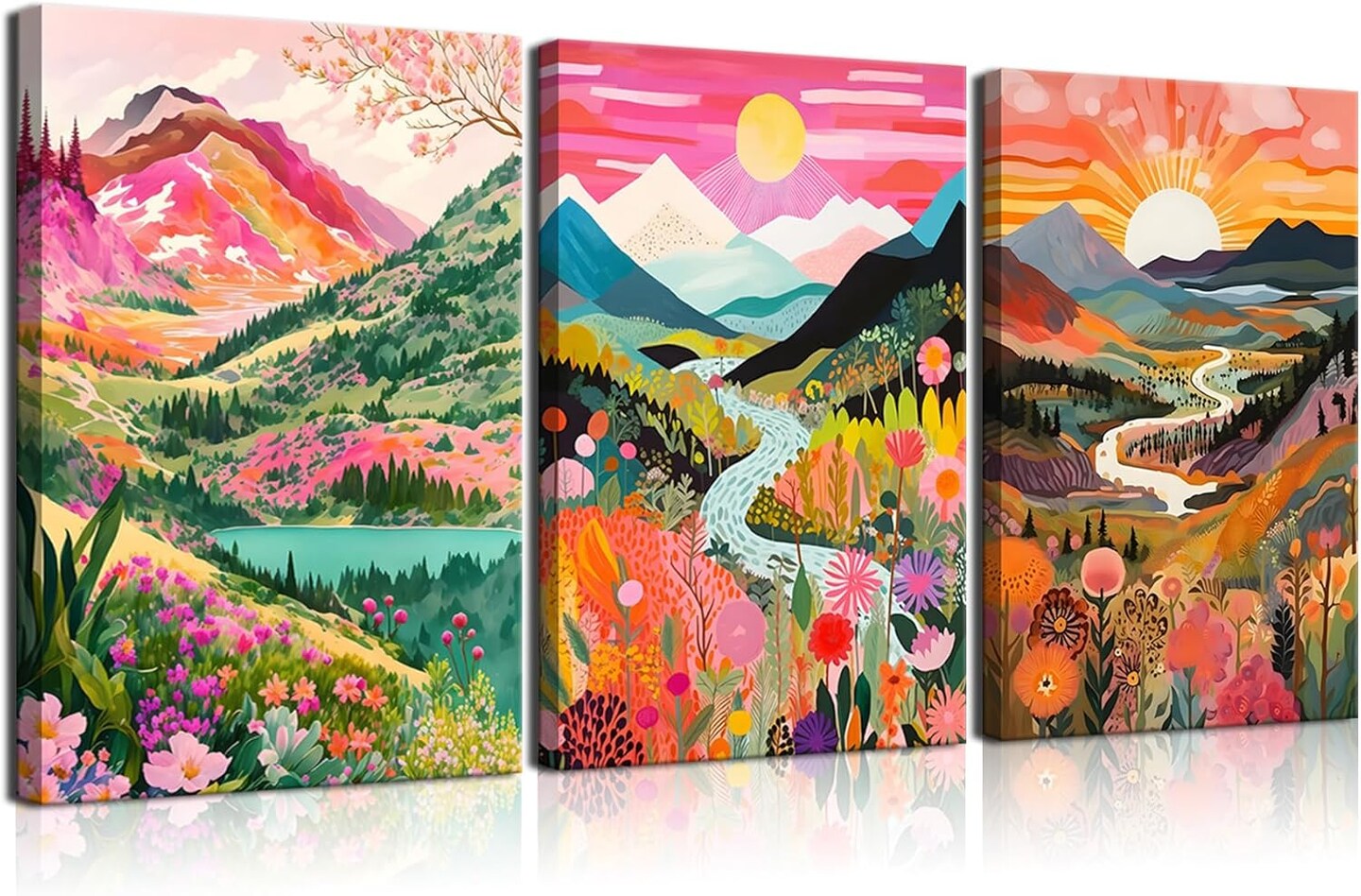 3Pcs Colorful Watercolor Mountain Canvas Wall Art Boho Floral Painting Picture Wall Decor Abstract Nature Landscape Poster Print Artwork for Living Room Bedroom Bathroom Office Home Decoration