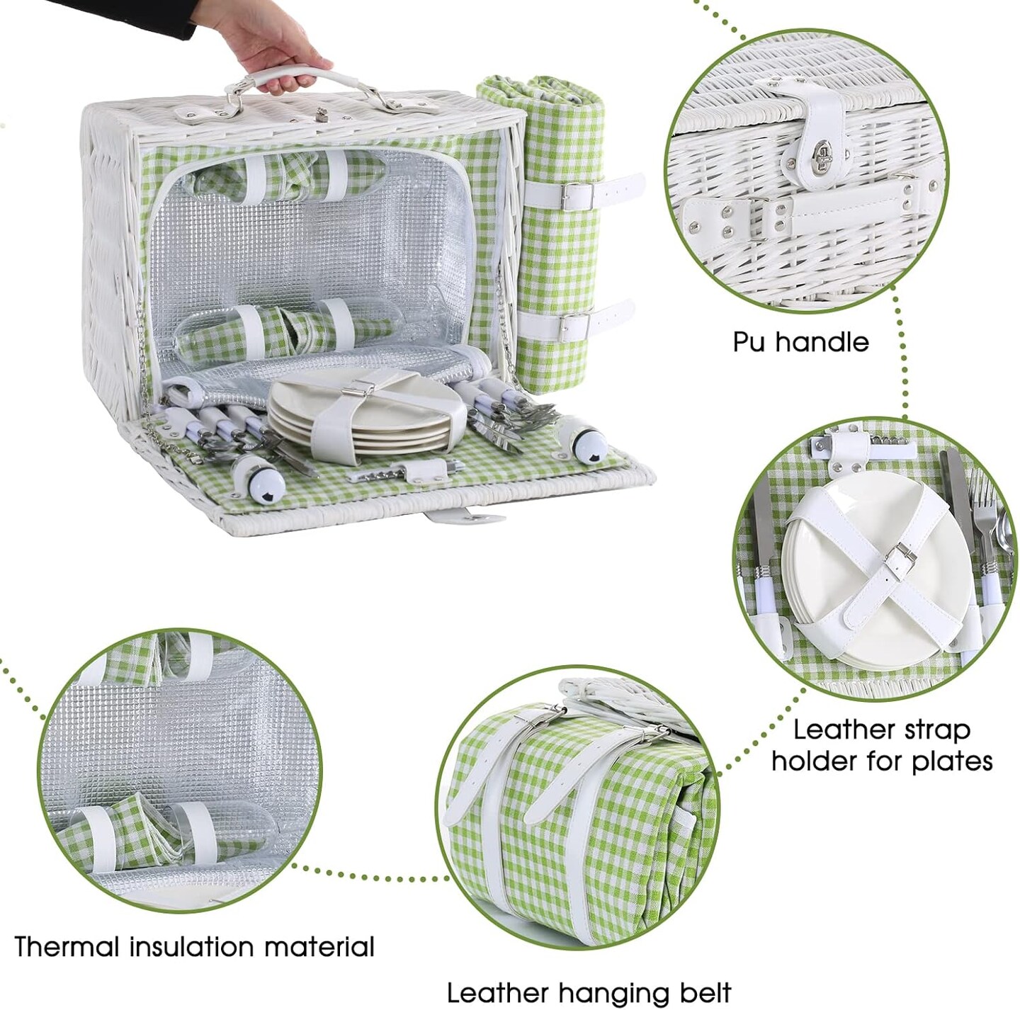 Wicker Picnic Basket for 4 with Waterproof Picnic Blanket and Insulated Cooler, Willow Hamper for Camping