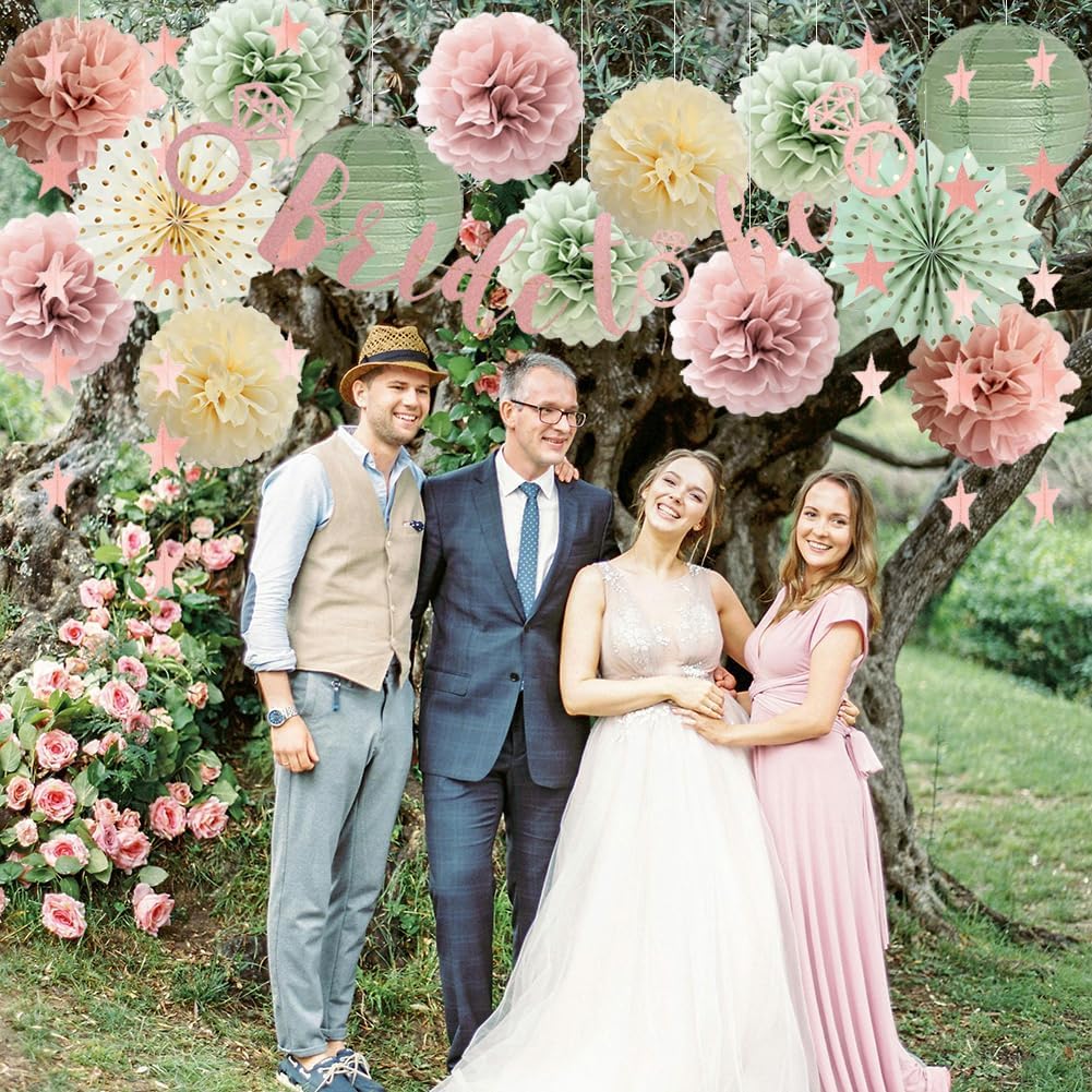 Sage Green and Dusty Pink Bachelorette Party Decorations Bridal Shower Decorations Bride to Be Banner Sage Green Dusty Pink Paper Pom Poms Paper Star Garland Engagement Wedding Shower Party Decor