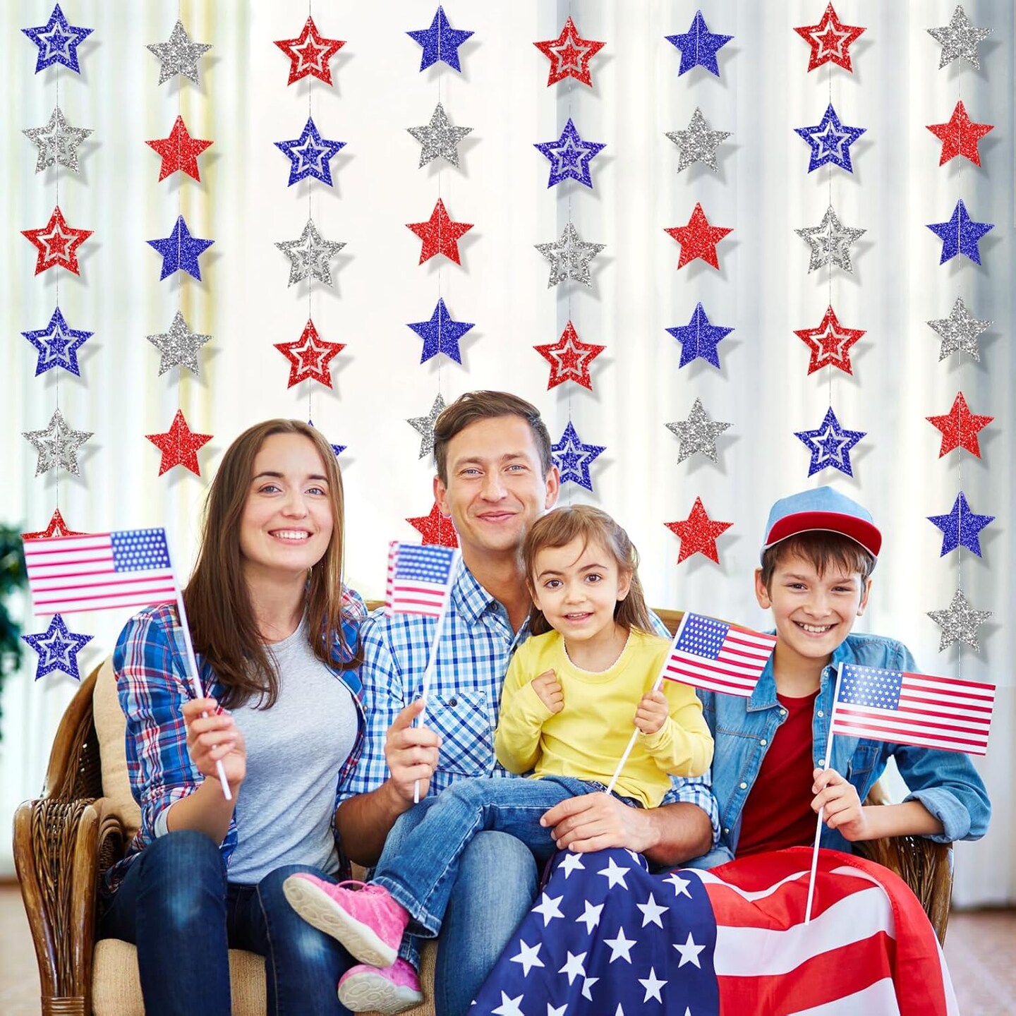 8 Pack Patriotic Star Banner Garland - Glitter Red White Blue Hanging String Garlands for 4th of July, Memorial Day, Independence Day, Veterans Day Party, Holiday Decorations, Labor Day, Party Decor