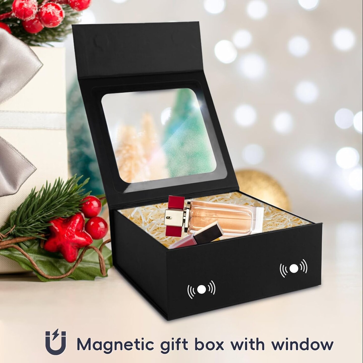 Black Gift Box with Window, 7.5&#x22;x7.5&#x22;x3.1&#x22; - Luxury Magnetic Lid Gift Box for Presents