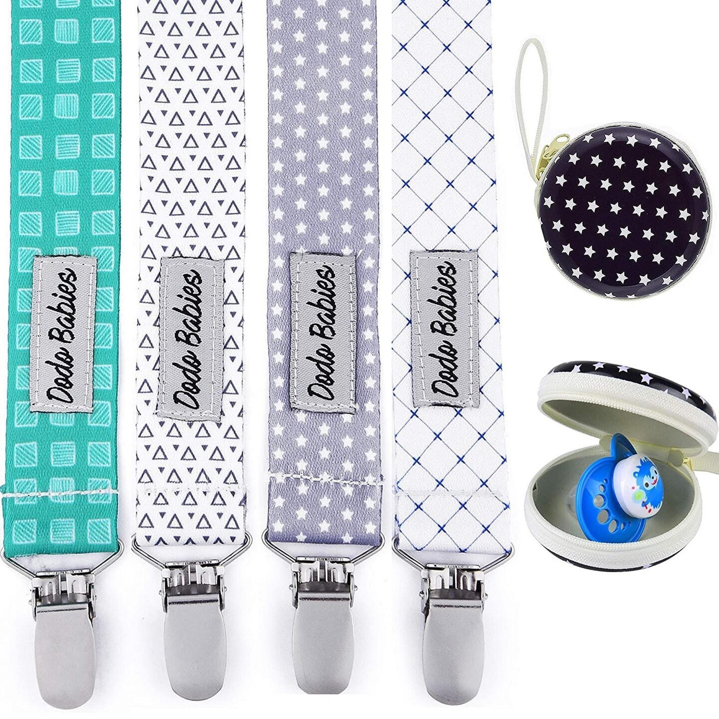 Dodo Babies Pacifier Clip Set - Four Clips Plus Binky Case &#x2013; Universal Holder Fits Most Paci Brands, Teether Toys and Car Seats &#x2013; Blue and Teal Prints for Girls or Boys
