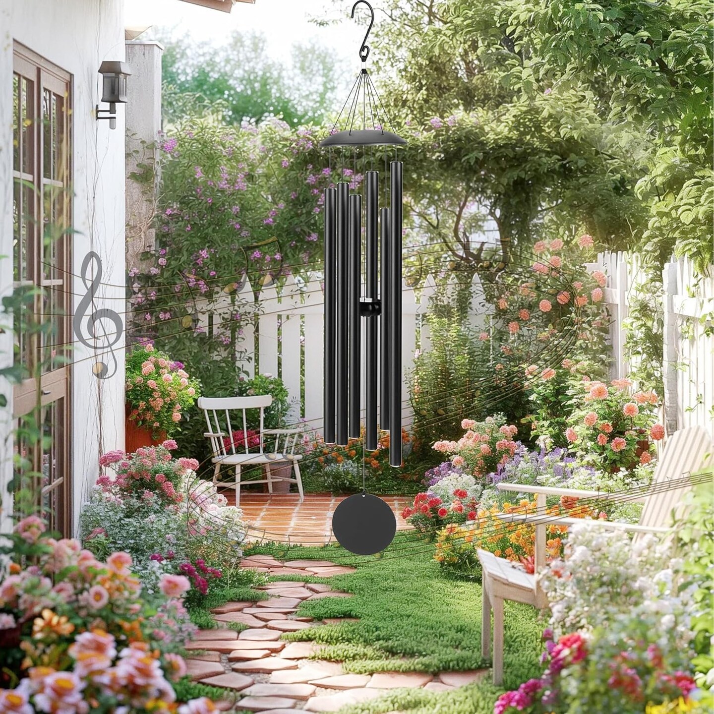 38&#x22; Large Wind Chimes with Classic Sound, Coolest Metal Windchimes Outdoors with Pine Wood Striker, Unique Gift for Mom, Garden Decoration(Black)