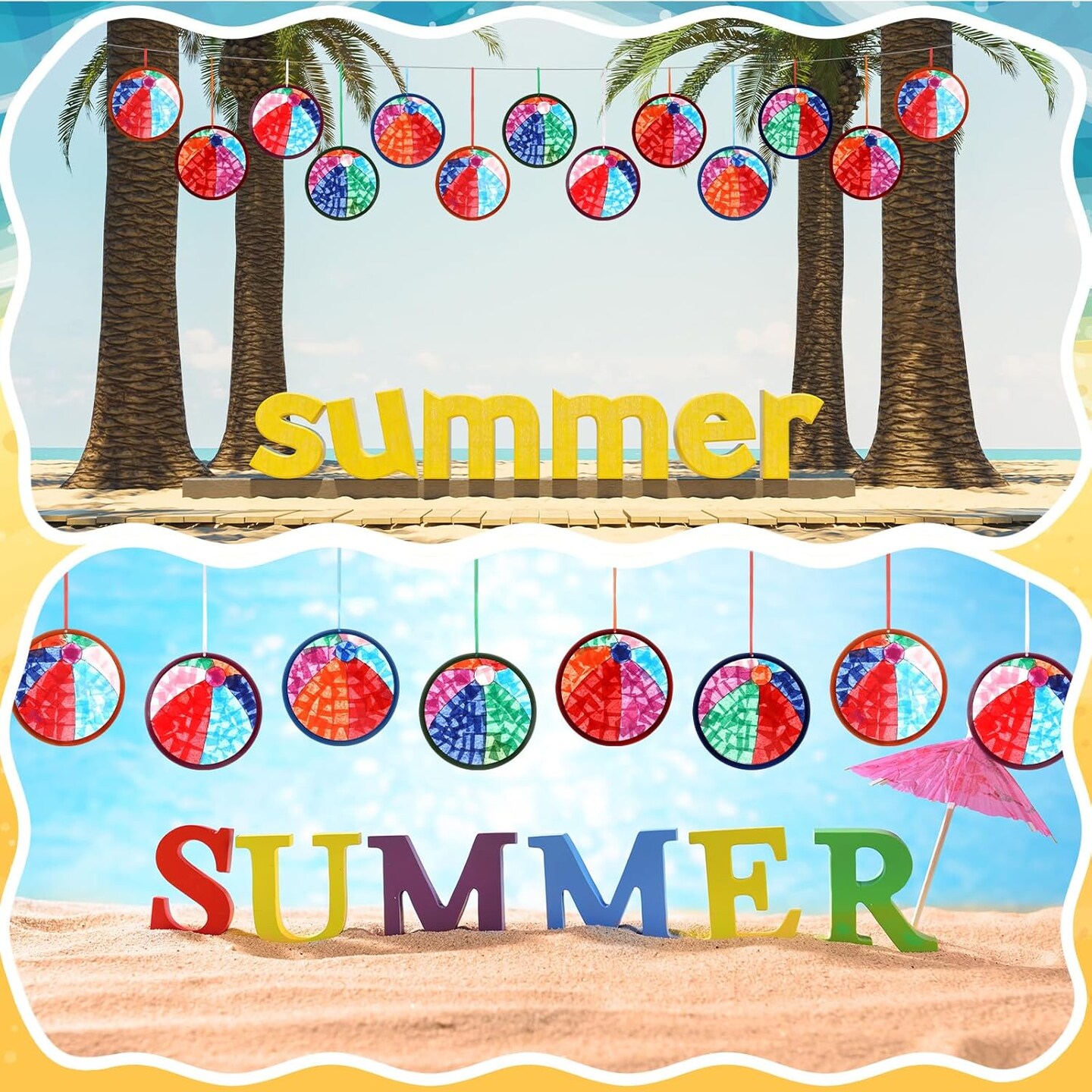 24 Sets Summer Crafts Beach Ball Paper Craft Kits Tissue Paper Sign with Colorful Sticker Acetates DIY Beach Ball Art Kits