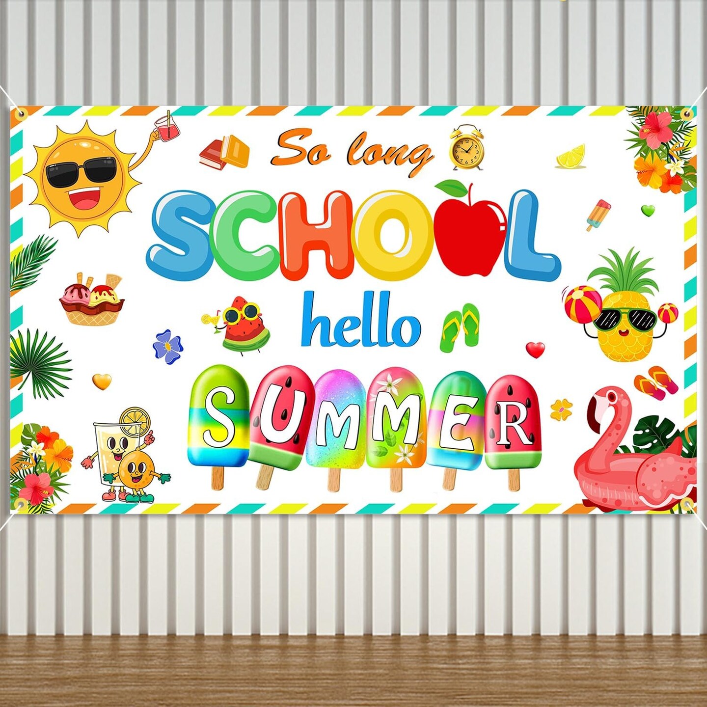 So Long School Hello Summer Backdrop Banner Colorful Sun Popsicle Party Decorations for Summer Vacation End of School Year Graduation Photography Background for Hawaii Pool Party Supplies